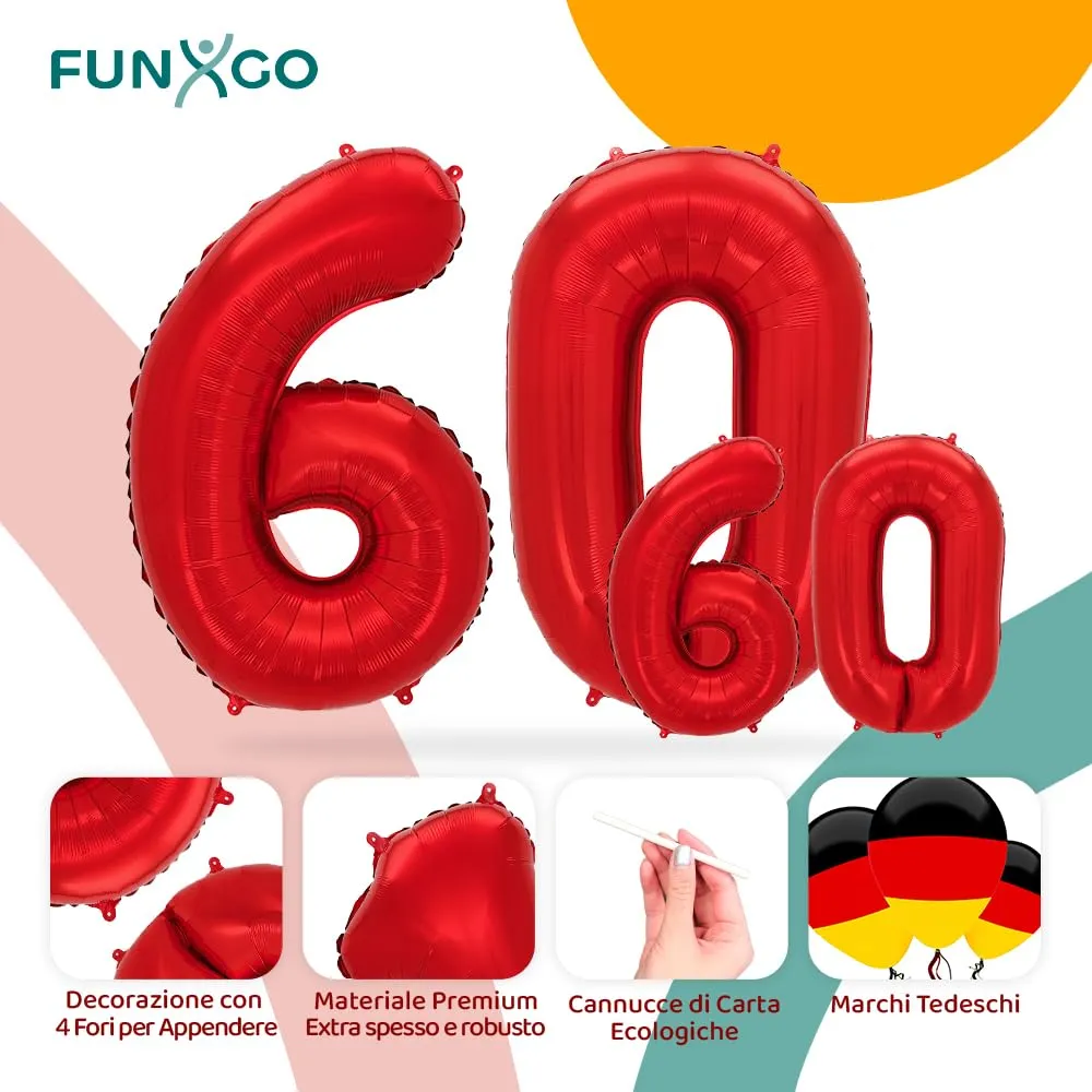 FUNXGO Palloncino Numero 60 Rosso - immagine 3