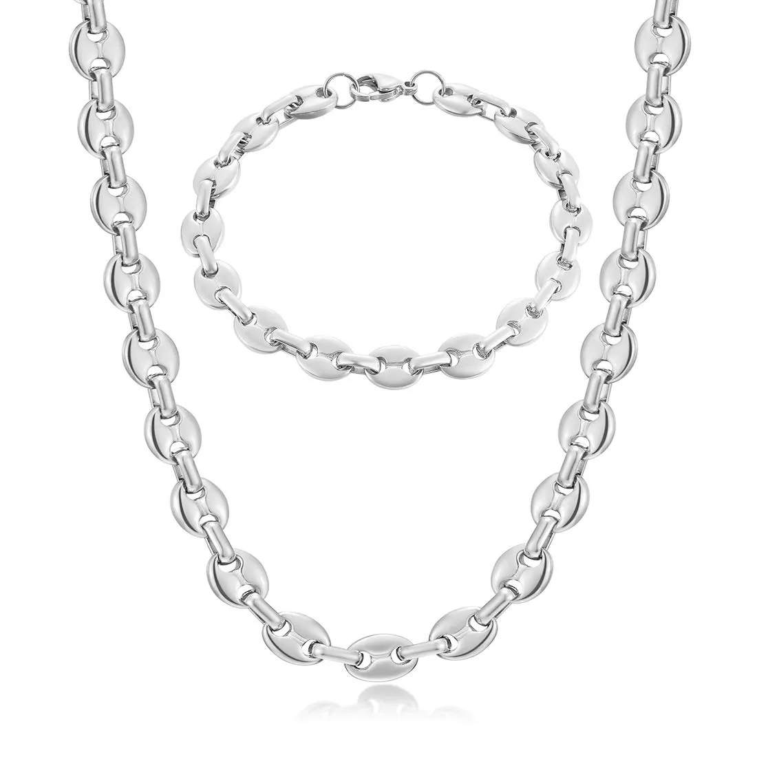 AFSTALR Collana e bracciale in acciaio inossidabile a maglia a chicco di caffè da uomo, argento, 56cm-11mm - immagine 1