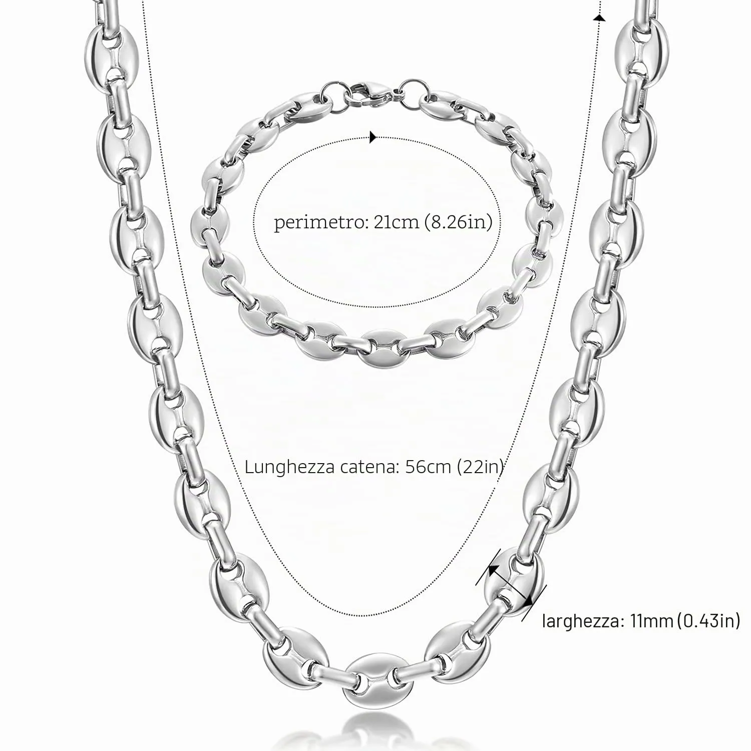 AFSTALR Collana e bracciale in acciaio inossidabile a maglia a chicco di caffè da uomo, argento, 56cm-11mm - immagine 2