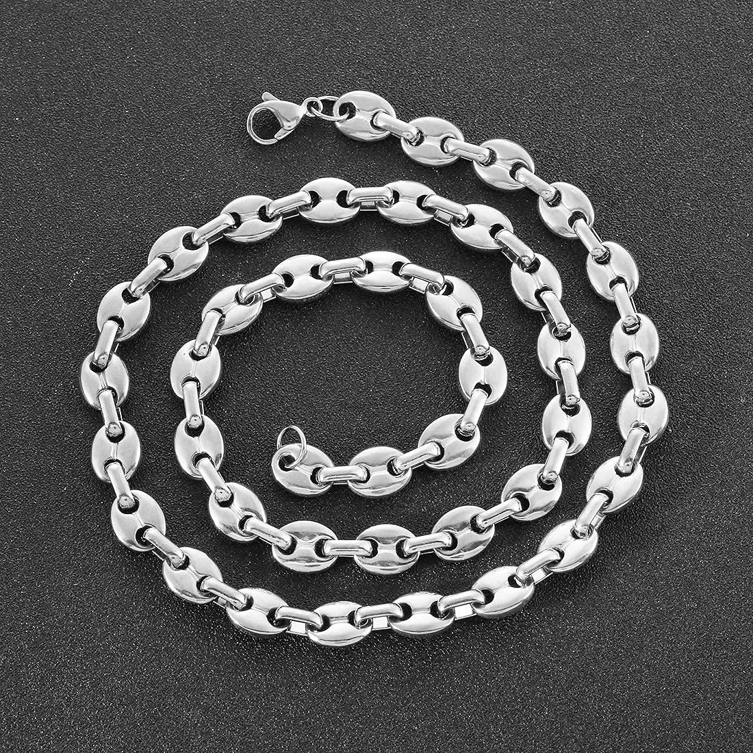 AFSTALR Collana e bracciale in acciaio inossidabile a maglia a chicco di caffè da uomo, argento, 56cm-11mm - immagine 6