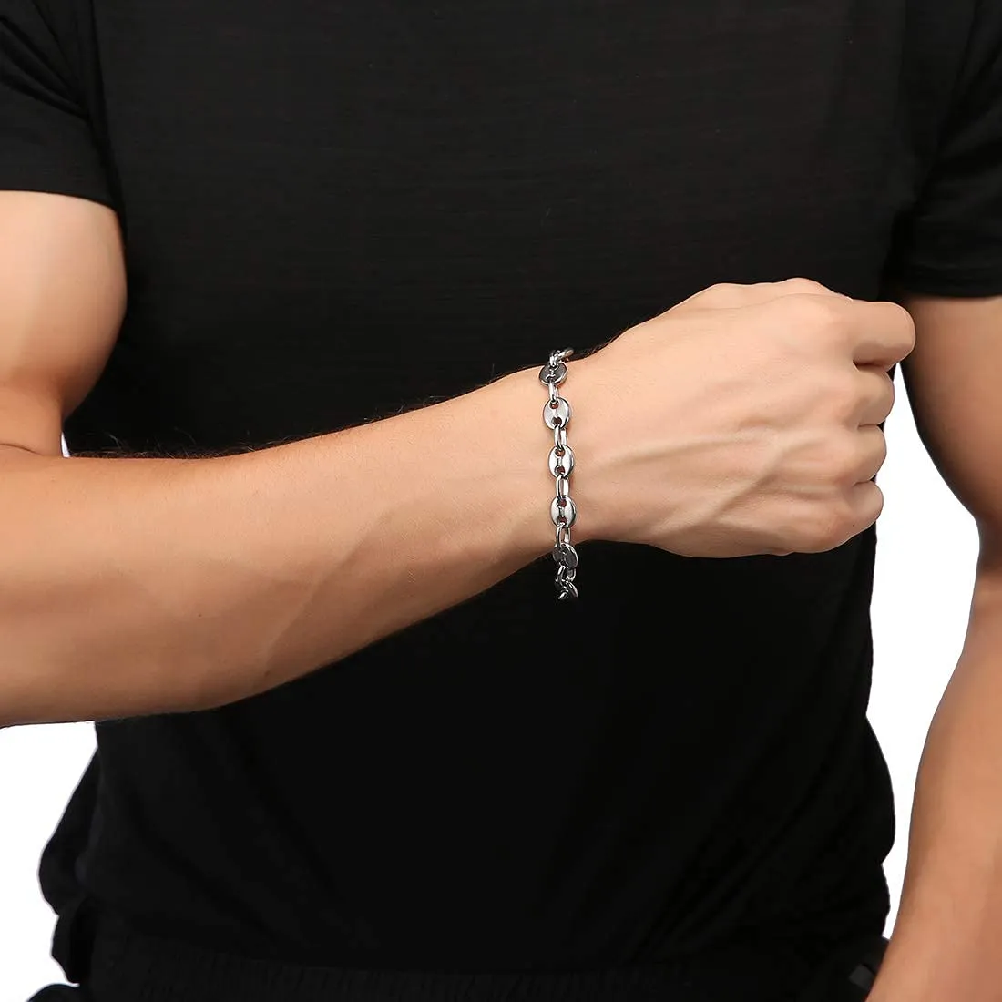AFSTALR Collana e bracciale in acciaio inossidabile a maglia a chicco di caffè da uomo, argento, 56cm-11mm - immagine 8