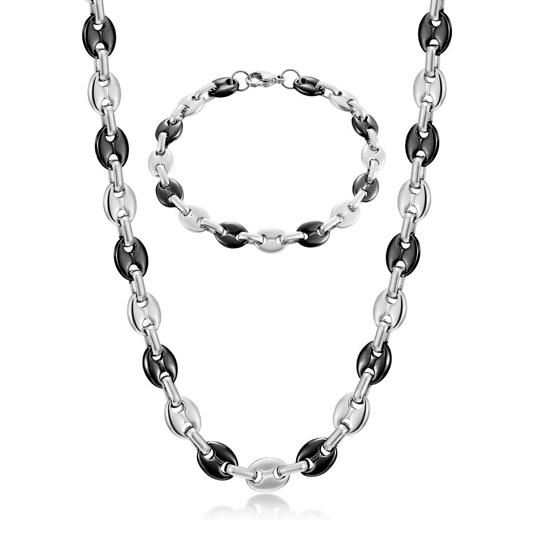 AFSTALR Set Collana e Bracciale Chicco di Caffè in Acciaio Inossidabile 9mm, Argento e Nero, 56cm - immagine 1