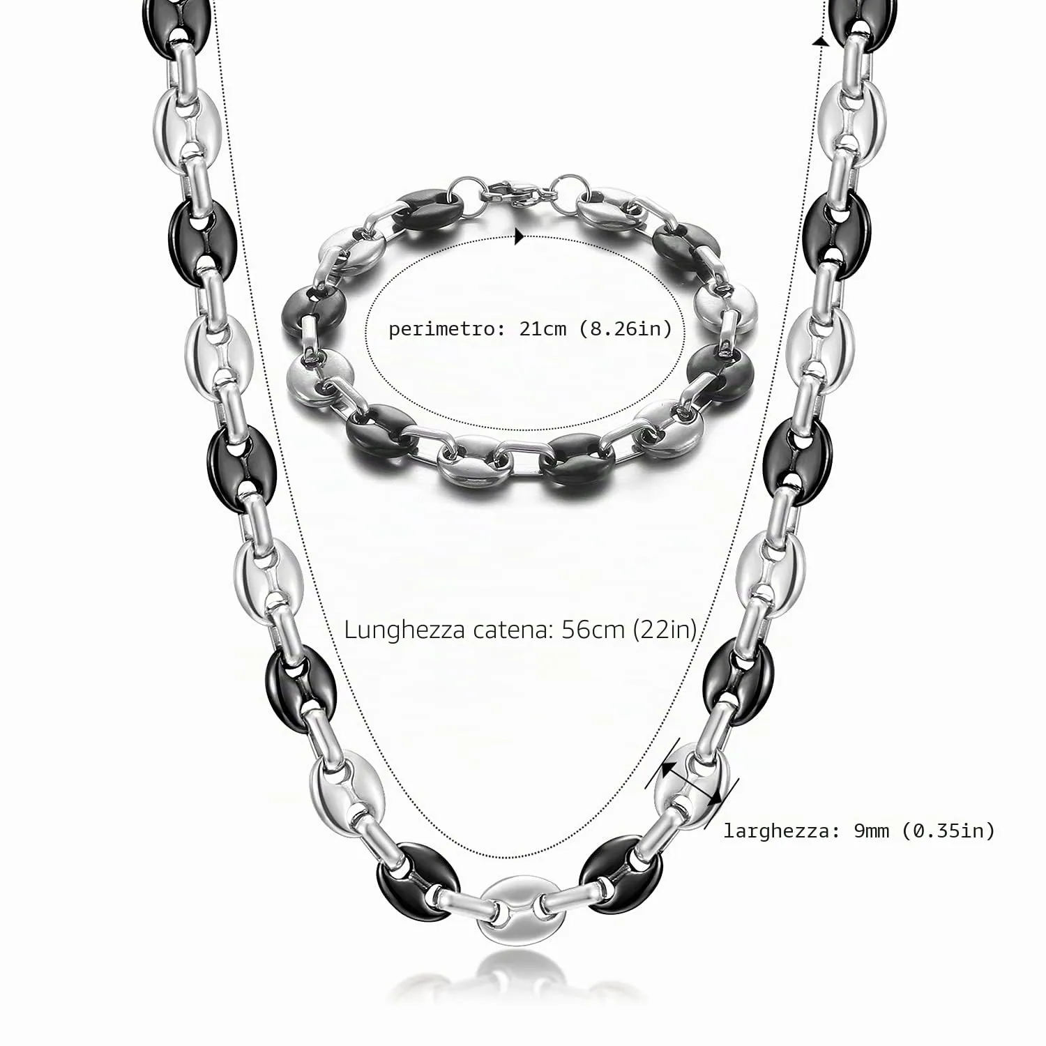 AFSTALR Set Collana e Bracciale Chicco di Caffè in Acciaio Inossidabile 9mm, Argento e Nero, 56cm - immagine 2