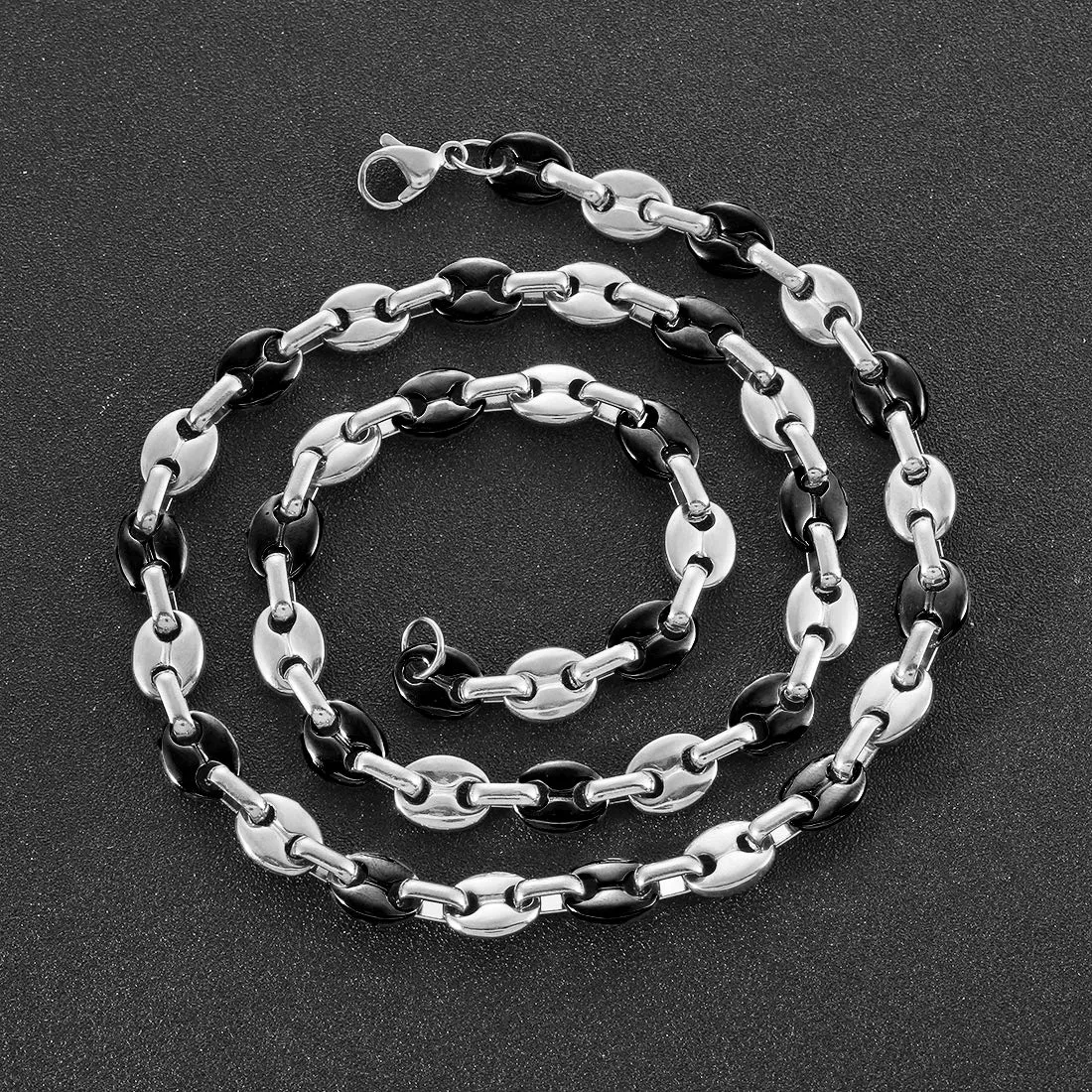 AFSTALR Set Collana e Bracciale Chicco di Caffè in Acciaio Inossidabile 9mm, Argento e Nero, 56cm - immagine 6