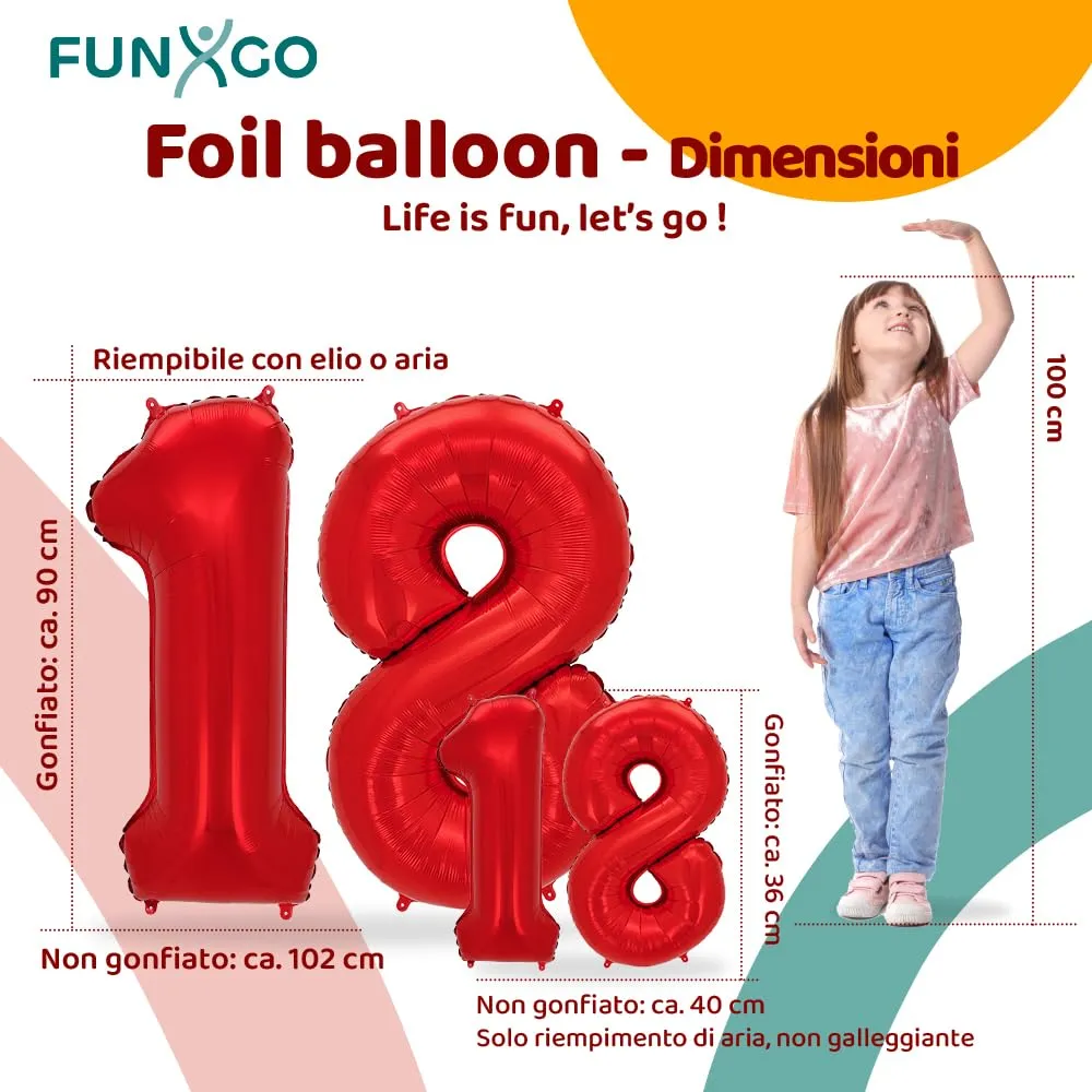 FUNXGO Palloncino Numero 18 Rosso - immagine 2