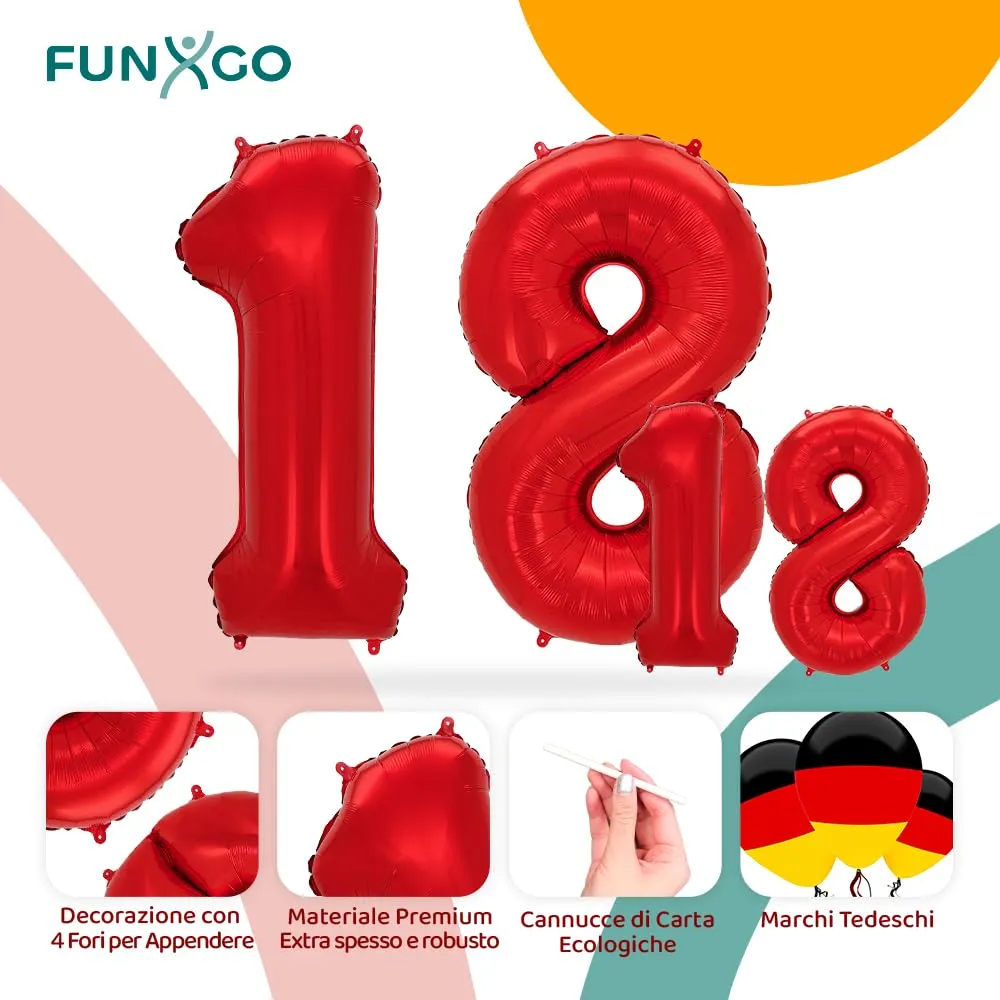 FUNXGO Palloncino Numero 18 Rosso - immagine 3