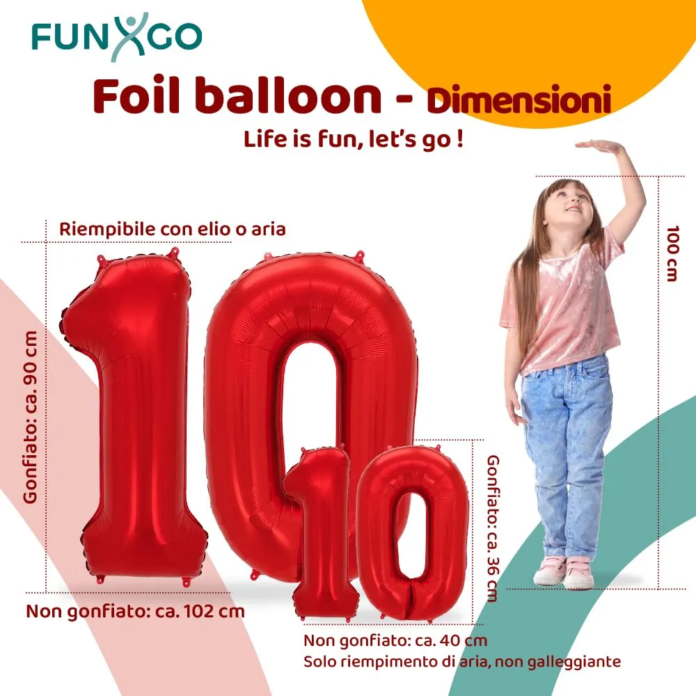 FUNXGO Palloncino Numero 10 Rosso - immagine 2