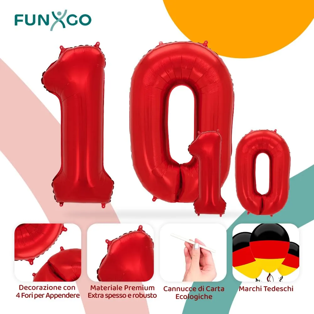 FUNXGO Palloncino Numero 10 Rosso - immagine 3