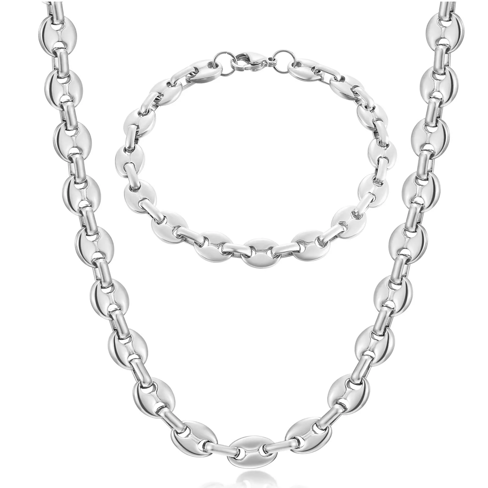 AFSTALR Collana e bracciale in acciaio inossidabile, catena a maglia a chicco di caffè da uomo, 56cm, 9mm, argento - immagine 1