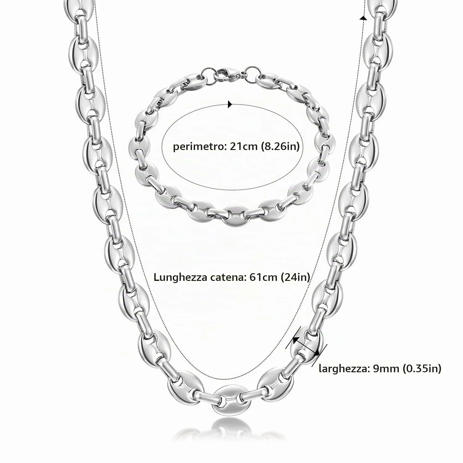 AFSTALR Collana e bracciale in acciaio inossidabile, catena a maglia a chicco di caffè da uomo, 56cm, 9mm, argento - immagine 2