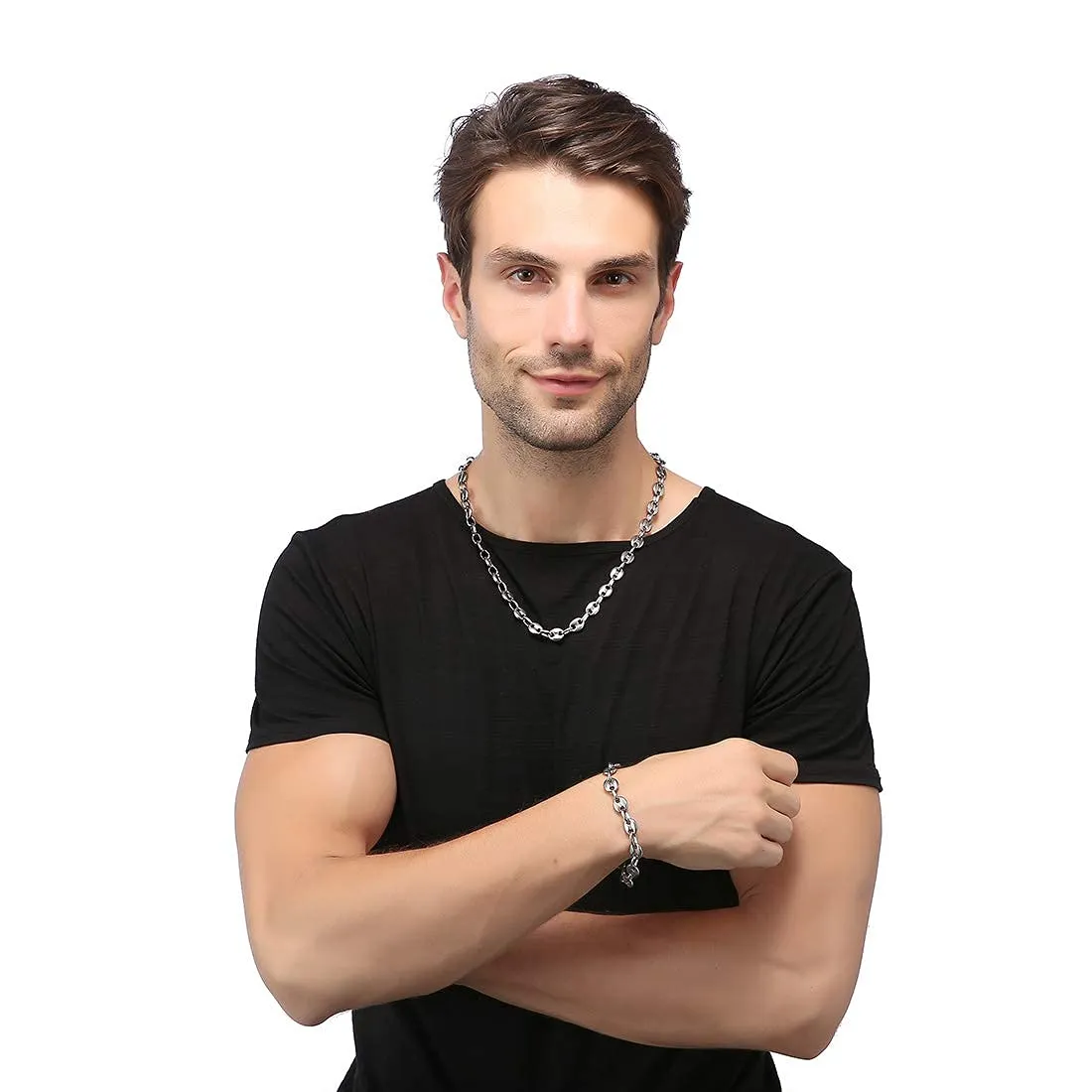 AFSTALR Collana e bracciale in acciaio inossidabile, catena a maglia a chicco di caffè da uomo, 56cm, 9mm, argento - immagine 3