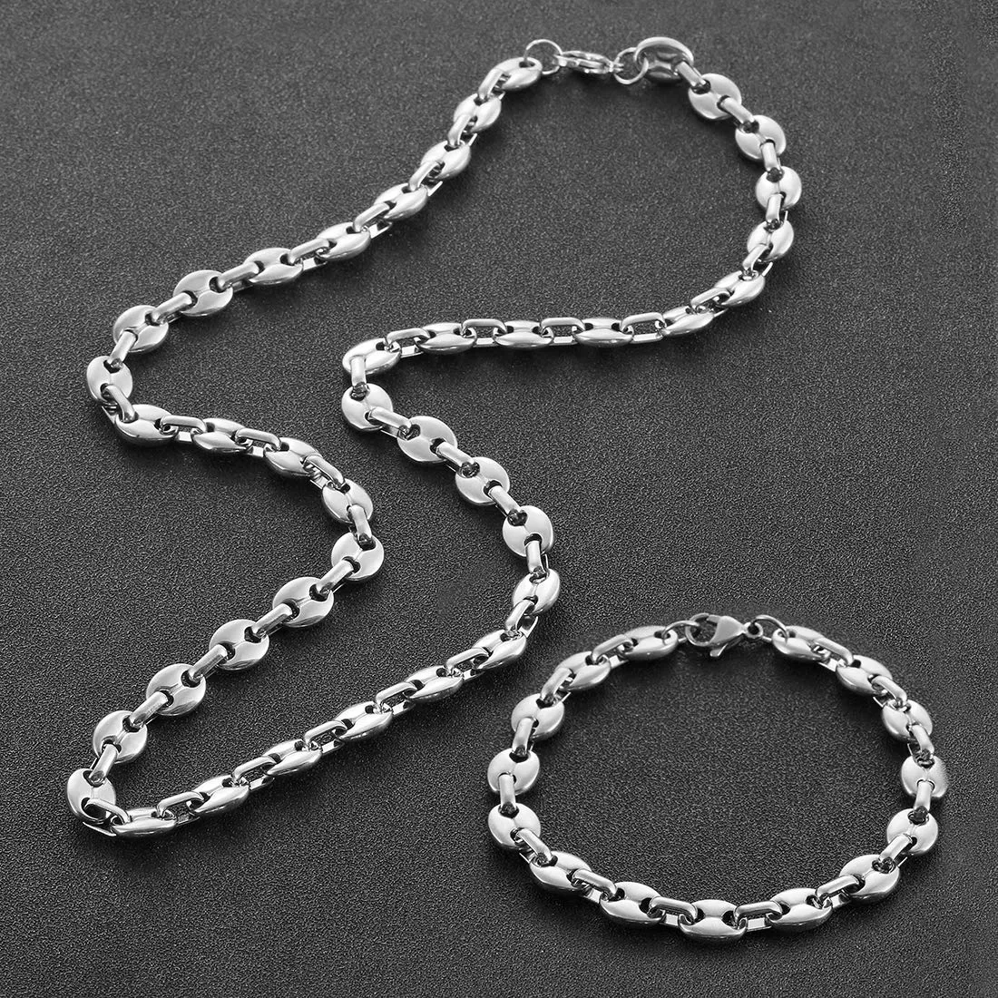 AFSTALR Collana e bracciale in acciaio inossidabile, catena a maglia a chicco di caffè da uomo, 56cm, 9mm, argento - immagine 6