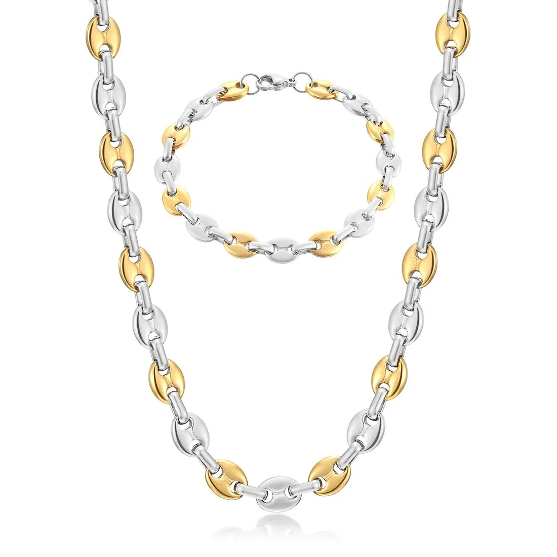 AFSTALR Set Collana e Bracciale a Maglia a Chicco di Caffè in Acciaio Inossidabile da Uomo, 9mm, Argento, 61cm - immagine 1