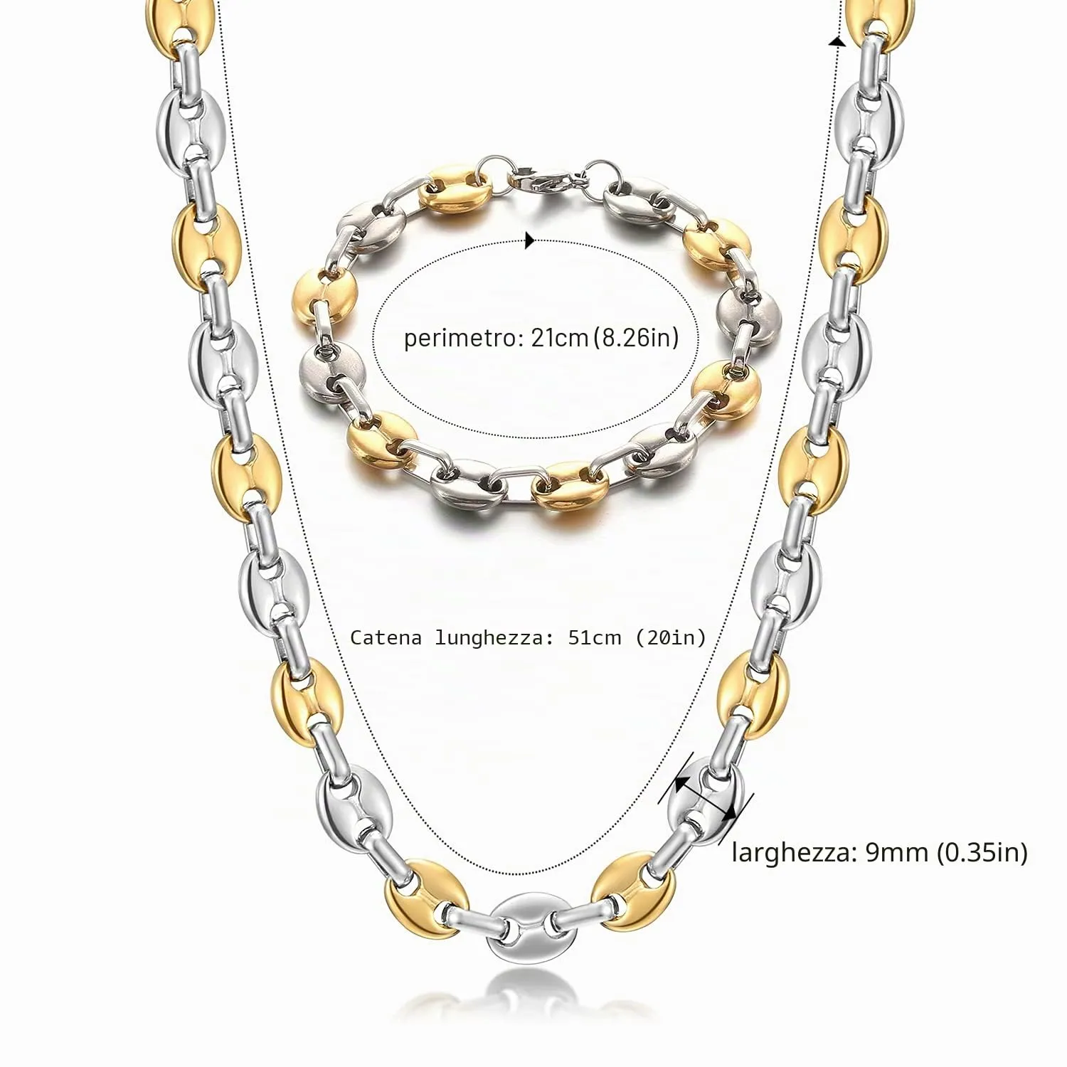 AFSTALR Set Collana e Bracciale a Maglia a Chicco di Caffè in Acciaio Inossidabile da Uomo, 9mm, Argento, 61cm - immagine 2