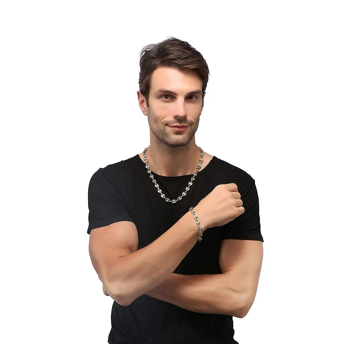 AFSTALR Set Collana e Bracciale a Maglia a Chicco di Caffè in Acciaio Inossidabile da Uomo, 9mm, Argento, 61cm - immagine 3