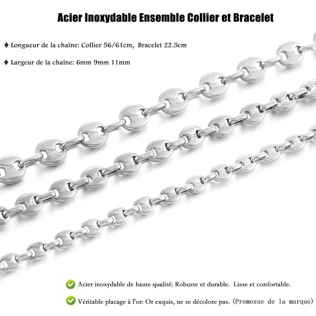 AFSTALR Collana e Bracciale in Acciaio Inossidabile a Maglia a Chicco di Caffè da Uomo, Argento, 61cm, 11mm - immagine 4