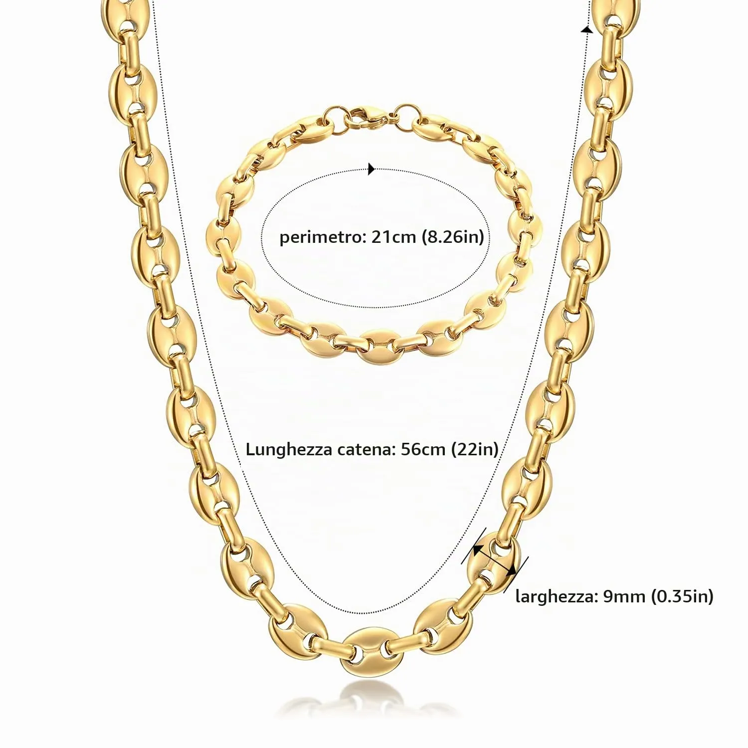 AFSTALR Set Collana e Bracciale Chicco di Caffè in Acciaio Inossidabile, 9mm, Oro, 56cm - immagine 2