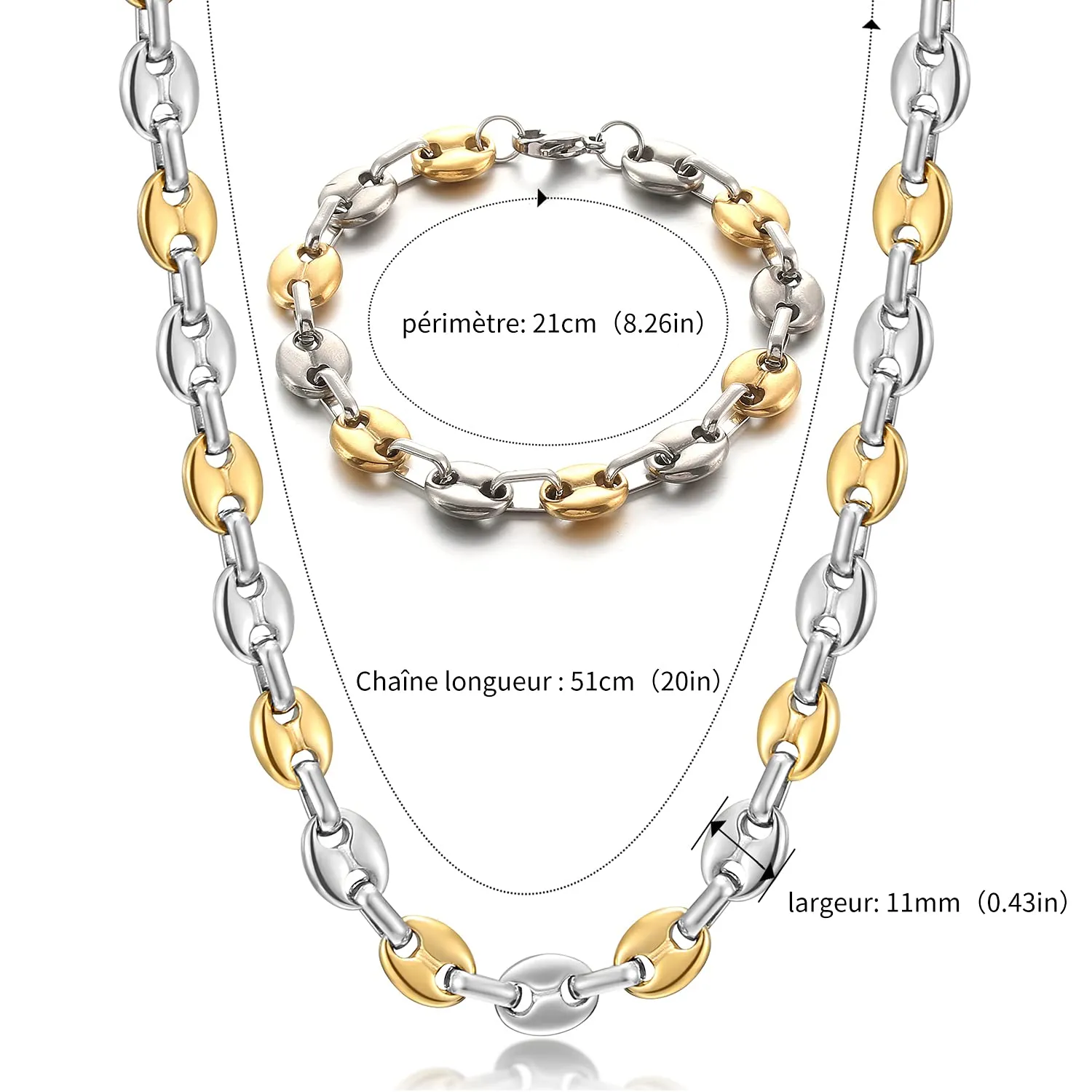 AFSTALR Set Collana e Bracciale Chicco di Caffè in Acciaio Inossidabile 11mm 61cm - immagine 2
