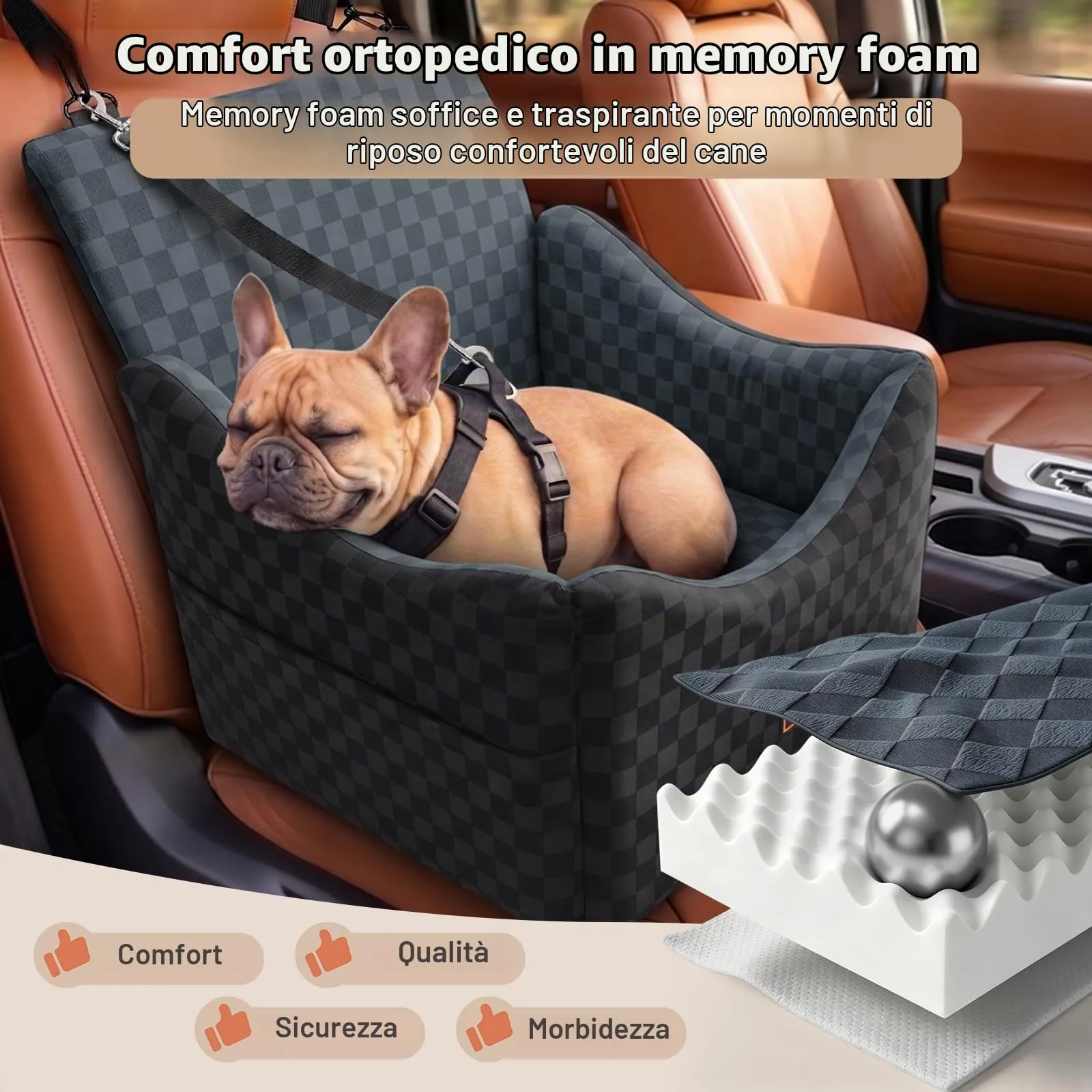 JOEJOY Seggiolino Auto per Cani di Piccola e Media Taglia, Lavabile con Tasche e Memory Foam - immagine 3