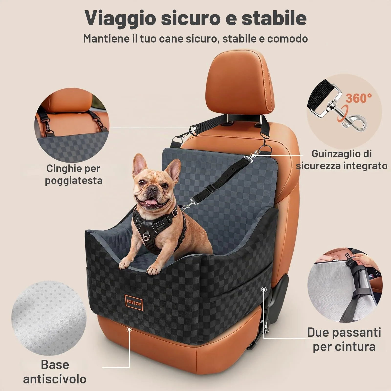 JOEJOY Seggiolino Auto per Cani di Piccola e Media Taglia, Lavabile con Tasche e Memory Foam - immagine 5