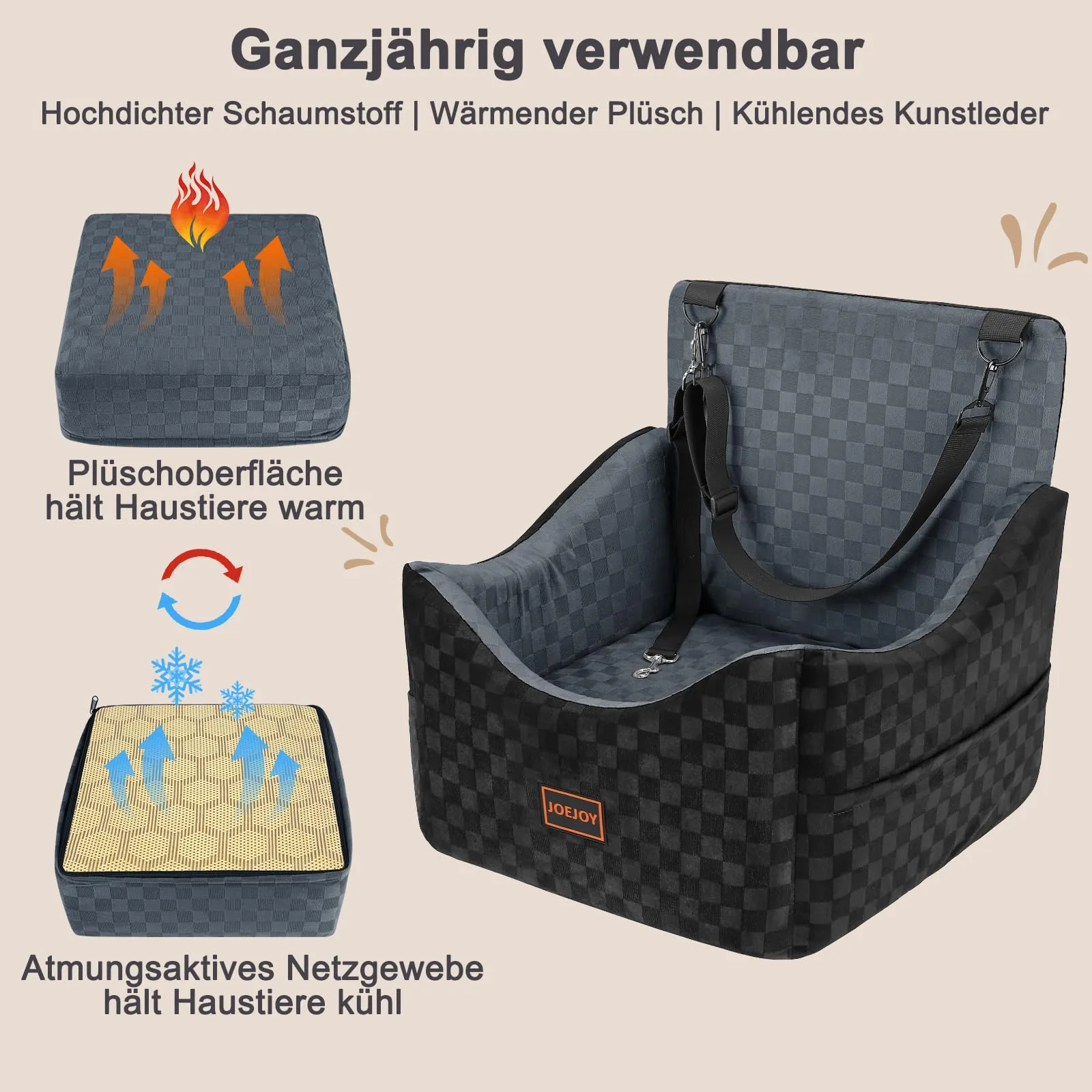 JOEJOY Seggiolino Auto per Cani di Piccola e Media Taglia, Lavabile con Tasche e Memory Foam - immagine 6