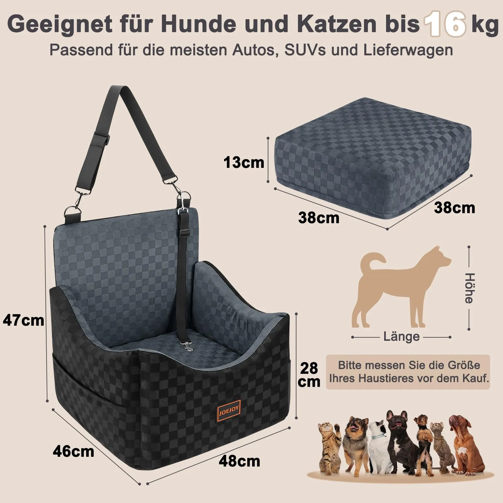JOEJOY Seggiolino Auto per Cani di Piccola e Media Taglia, Lavabile con Tasche e Memory Foam - immagine 8