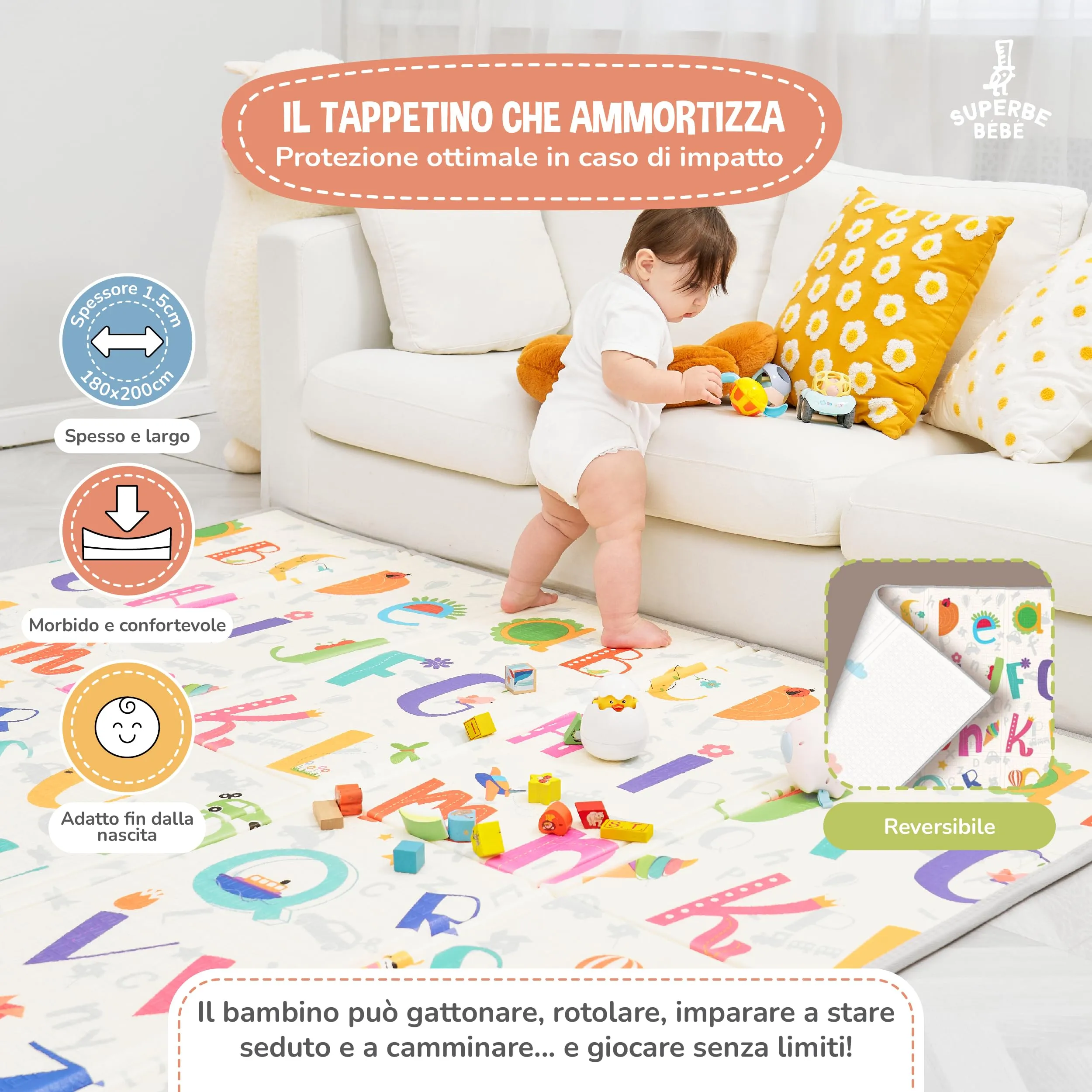 SUPERBE BEBE Tappeto Gioco Bambini Pieghevole Montessori 180x200x1.5cm Reversibile Impermeabile in Schiuma Alphabet - immagine 2