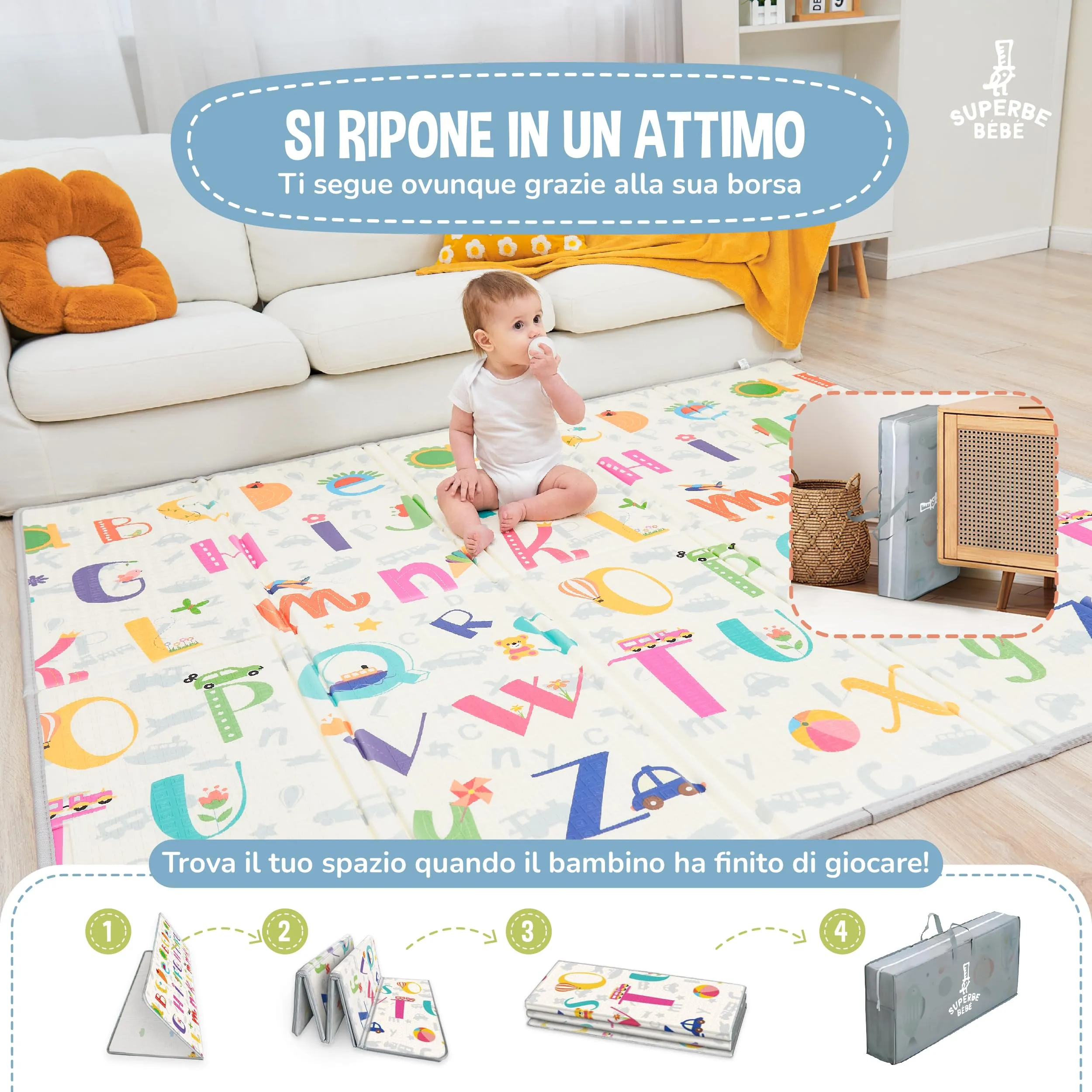 SUPERBE BEBE Tappeto Gioco Bambini Pieghevole Montessori 180x200x1.5cm Reversibile Impermeabile in Schiuma Alphabet - immagine 3