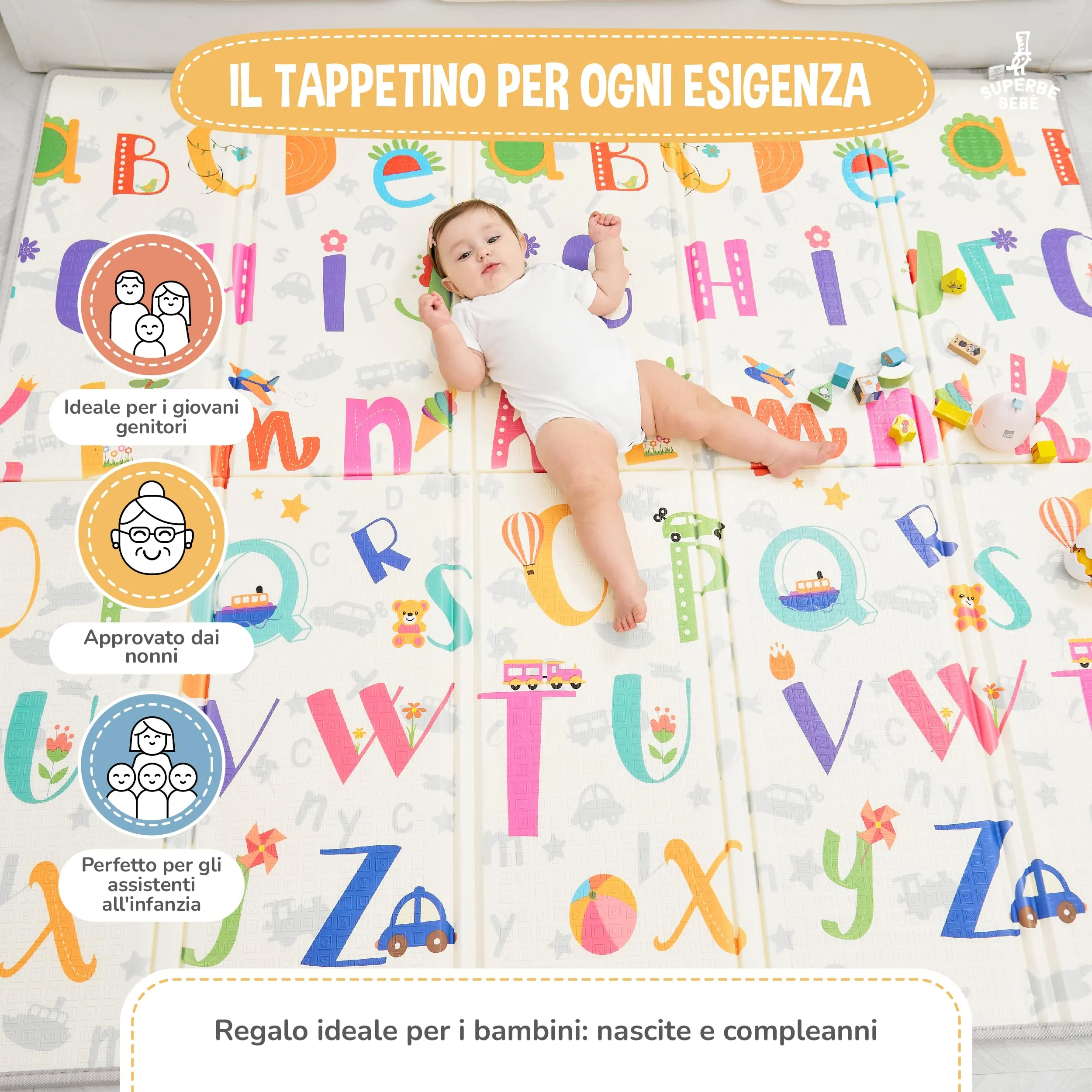 SUPERBE BEBE Tappeto Gioco Bambini Pieghevole Montessori 180x200x1.5cm Reversibile Impermeabile in Schiuma Alphabet - immagine 4