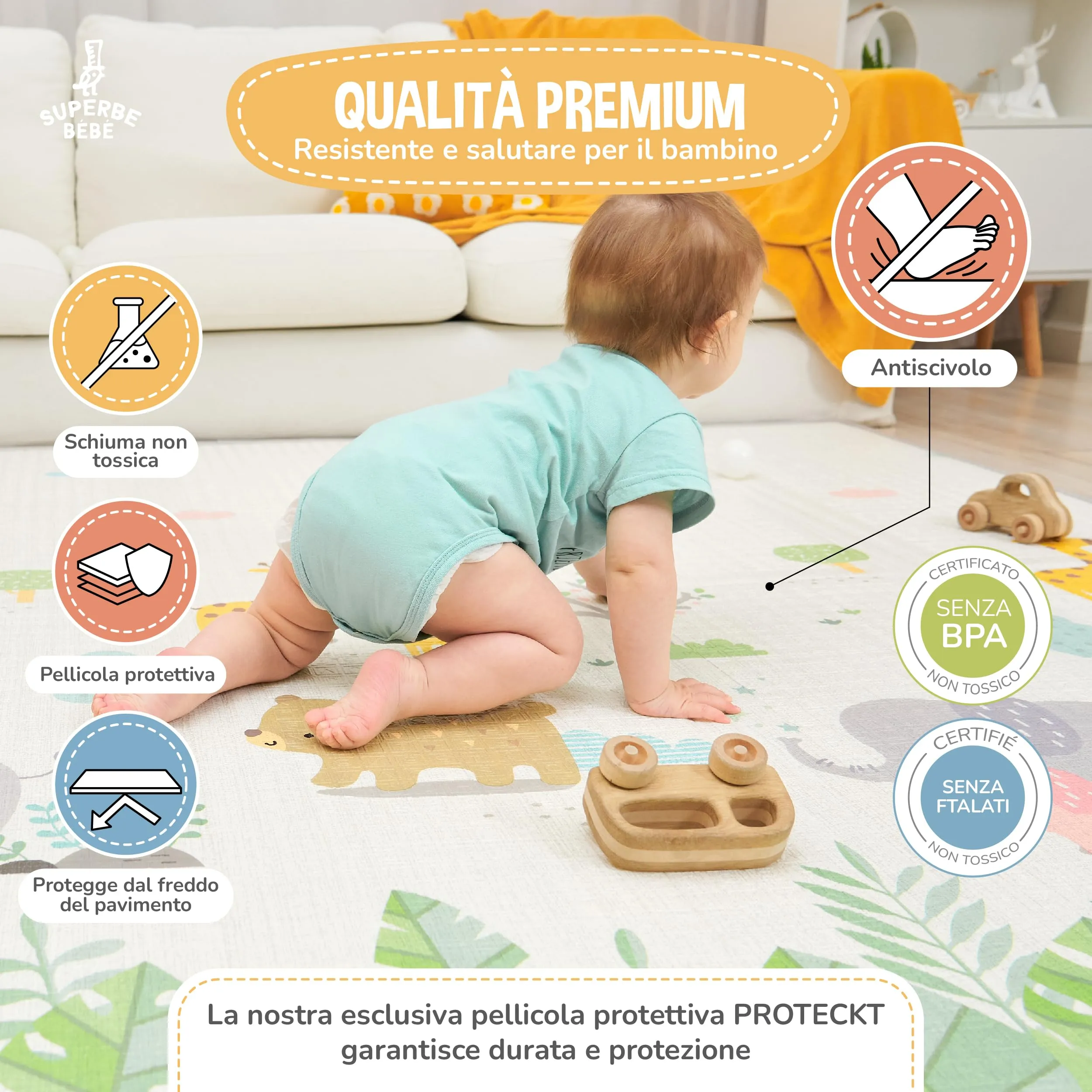 SUPERBE BEBE Tappeto Gioco Bambini Pieghevole Montessori 180x200x1.5cm Reversibile Impermeabile in Schiuma Alphabet - immagine 5