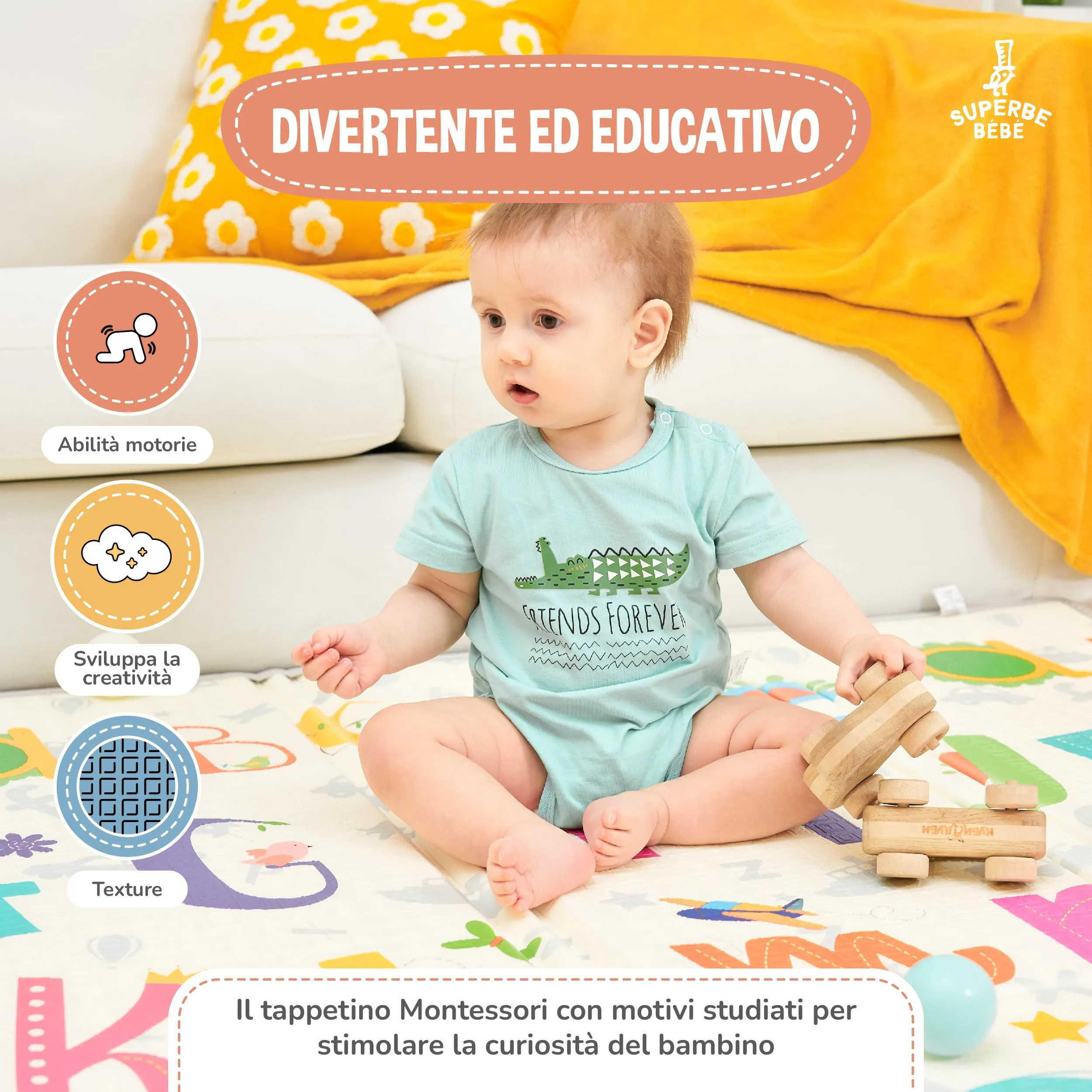 SUPERBE BEBE Tappeto Gioco Bambini Pieghevole Montessori 180x200x1.5cm Reversibile Impermeabile in Schiuma Alphabet - immagine 6