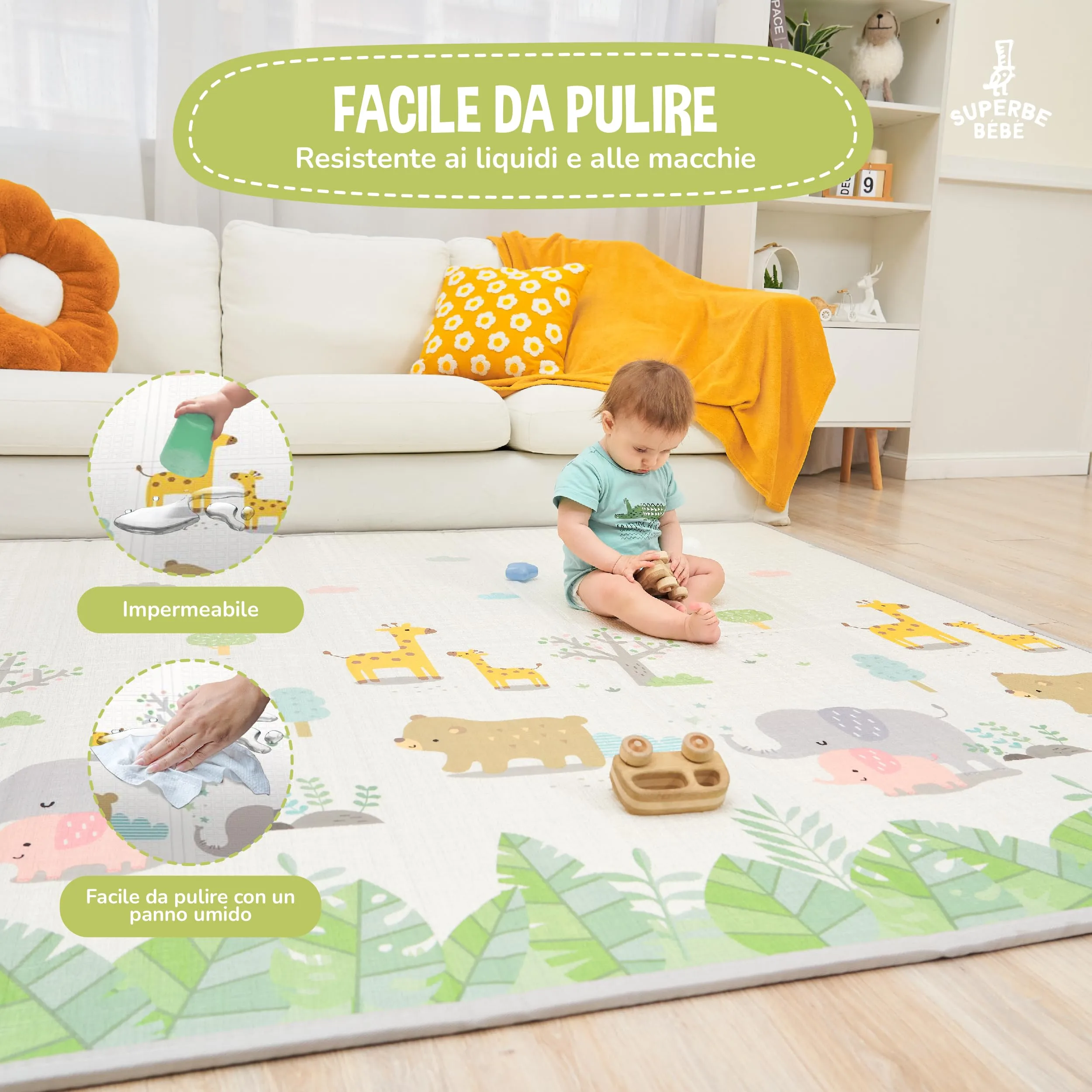 SUPERBE BEBE Tappeto Gioco Bambini Pieghevole Montessori 180x200x1.5cm Reversibile Impermeabile in Schiuma Alphabet - immagine 8