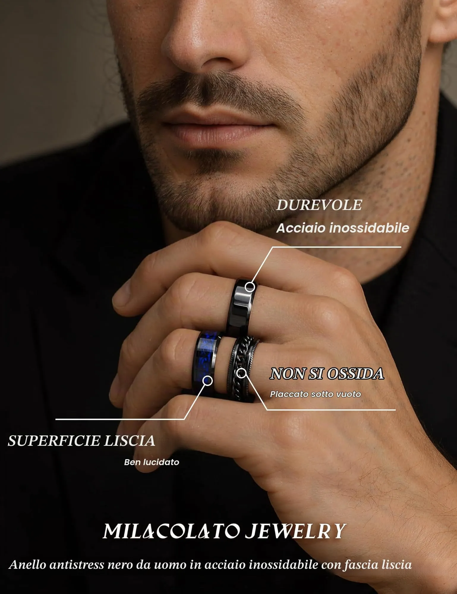 Milacolato Set di 3 Anelli da Uomo in Acciaio Inossidabile Nero, Anello Spinner a Catena, Anello Drago e Fascia Lucidata, 8mm - immagine 6