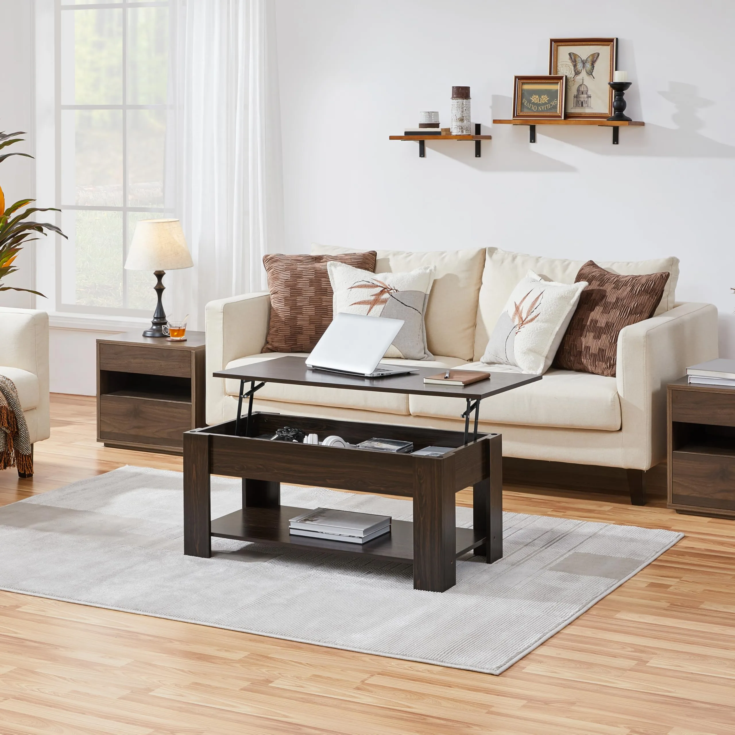 Yaheetech Tavolino da Caffè sollevabile, 98 x 50 x 42-56 cm, Marrone - immagine 2