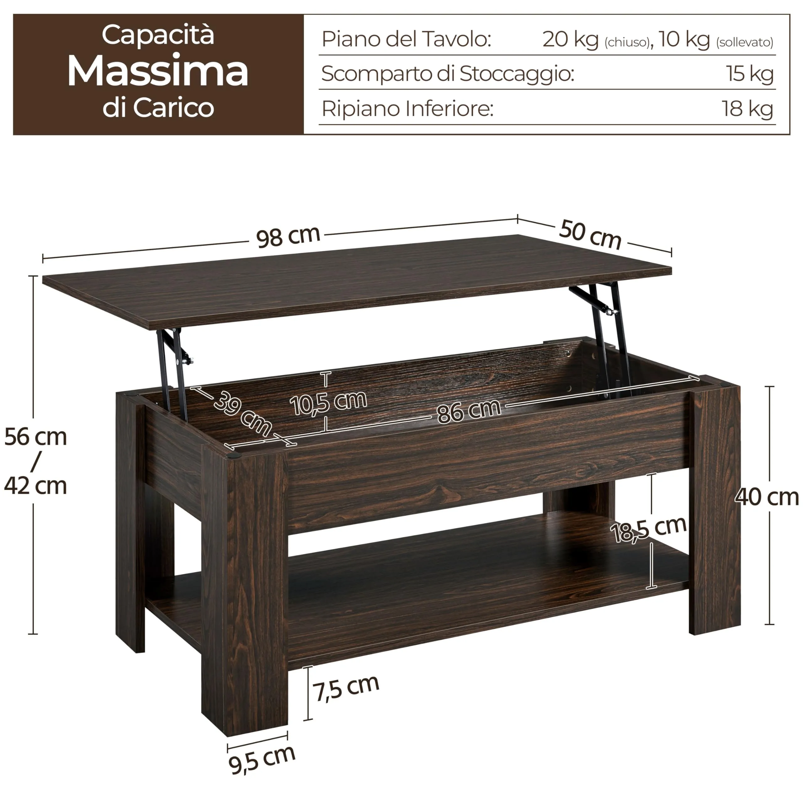 Yaheetech Tavolino da Caffè sollevabile, 98 x 50 x 42-56 cm, Marrone - immagine 3