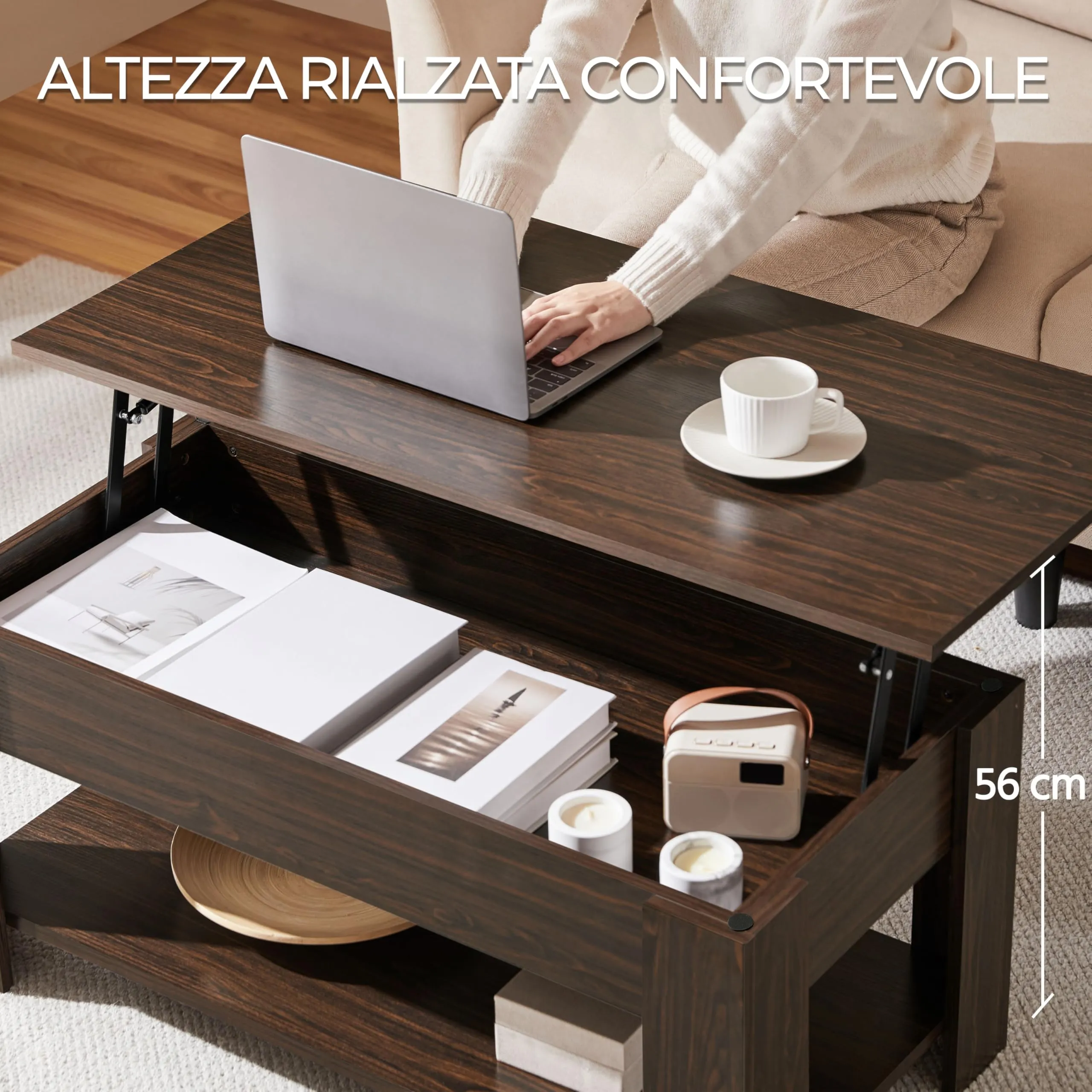 Yaheetech Tavolino da Caffè sollevabile, 98 x 50 x 42-56 cm, Marrone - immagine 4