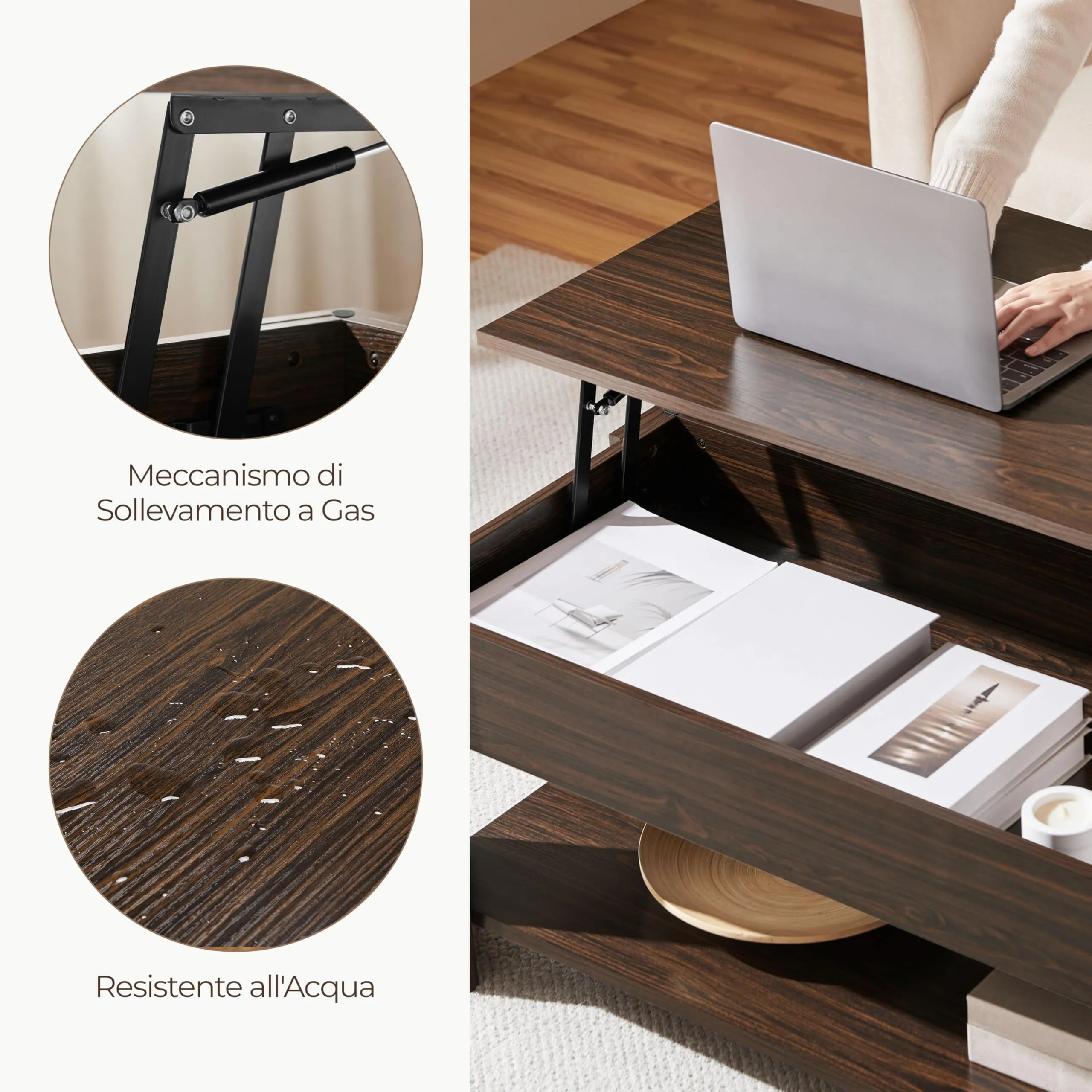 Yaheetech Tavolino da Caffè sollevabile, 98 x 50 x 42-56 cm, Marrone - immagine 5