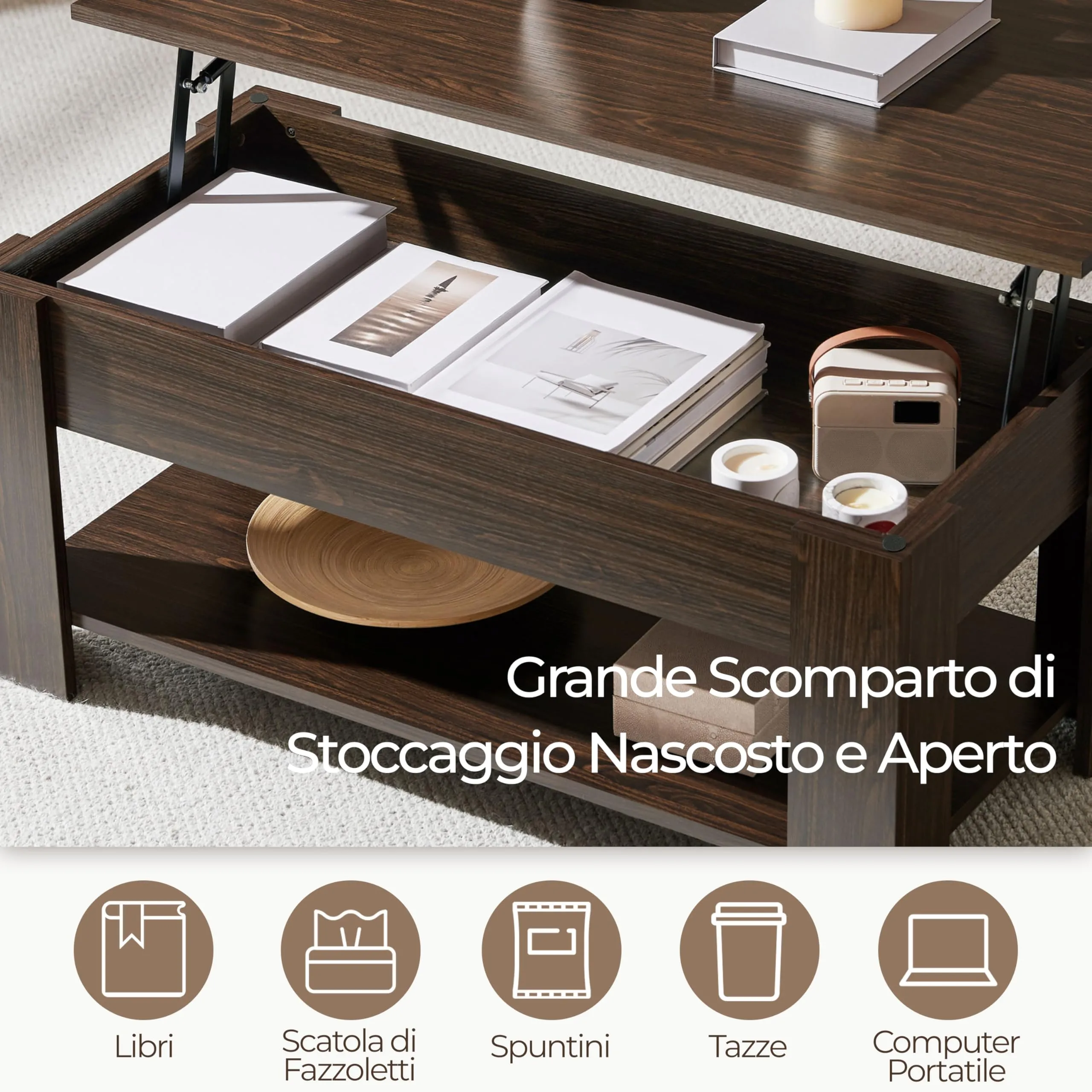 Yaheetech Tavolino da Caffè sollevabile, 98 x 50 x 42-56 cm, Marrone - immagine 7