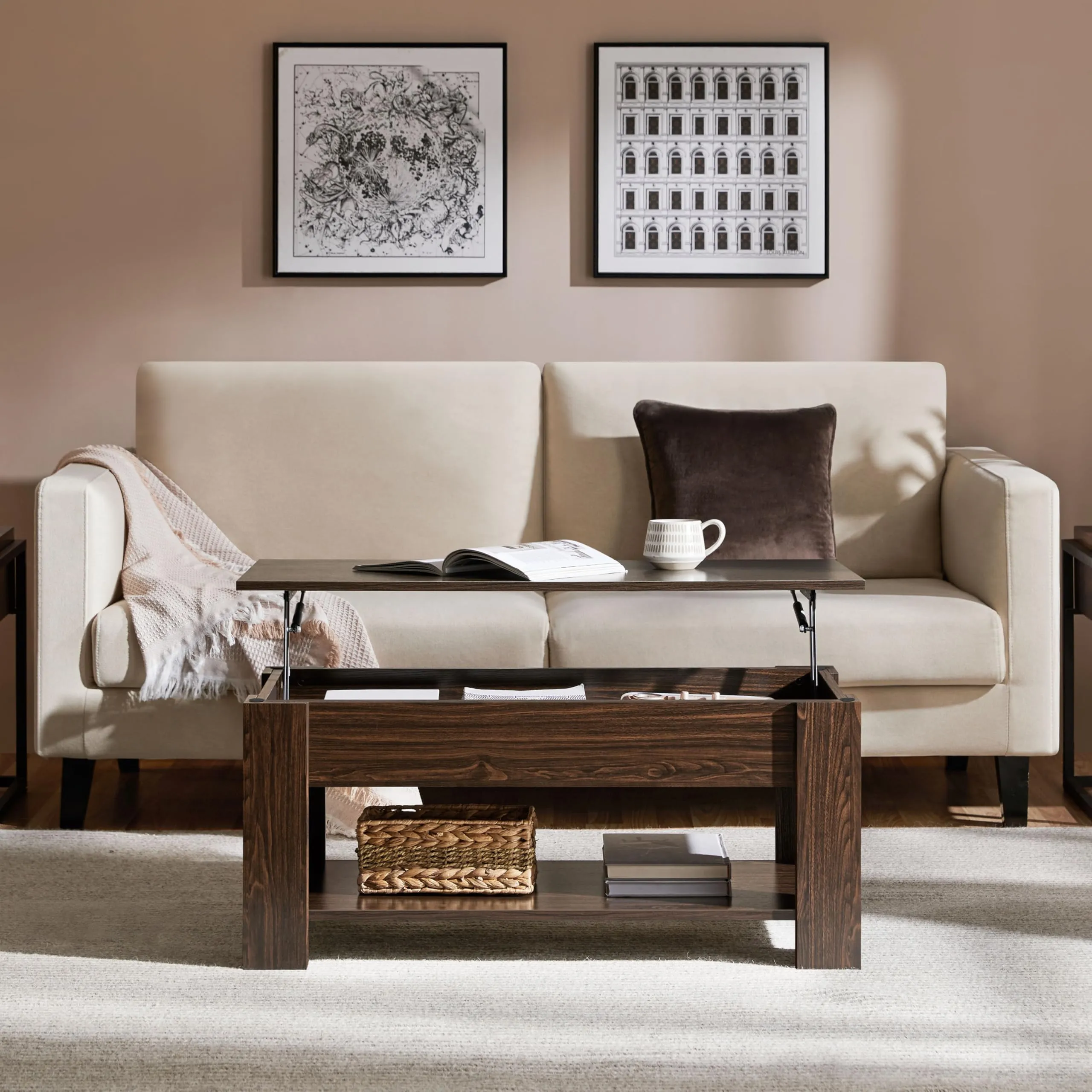 Yaheetech Tavolino da Caffè sollevabile, 98 x 50 x 42-56 cm, Marrone - immagine 9