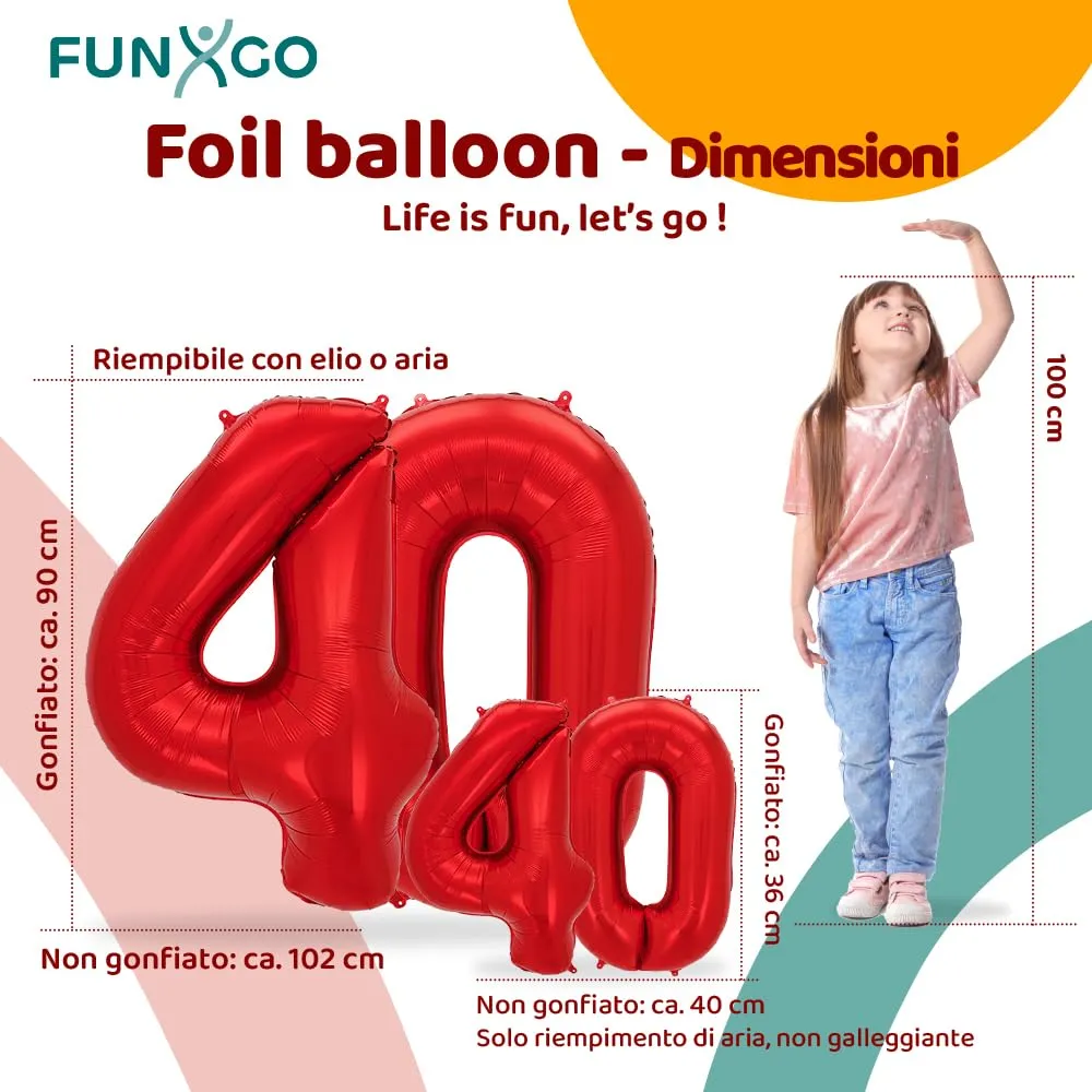 FUNXGO Palloncino Numero 40 Rosso - immagine 2