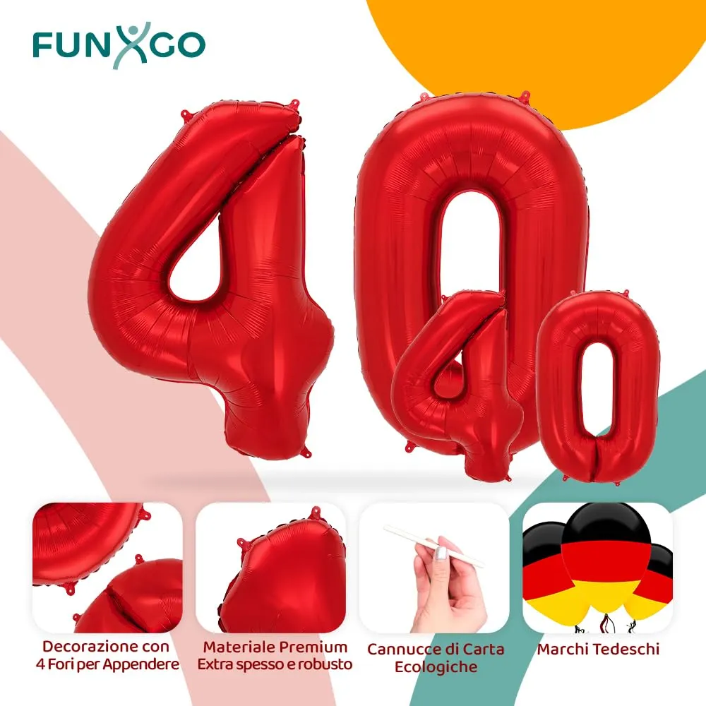 FUNXGO Palloncino Numero 40 Rosso - immagine 3