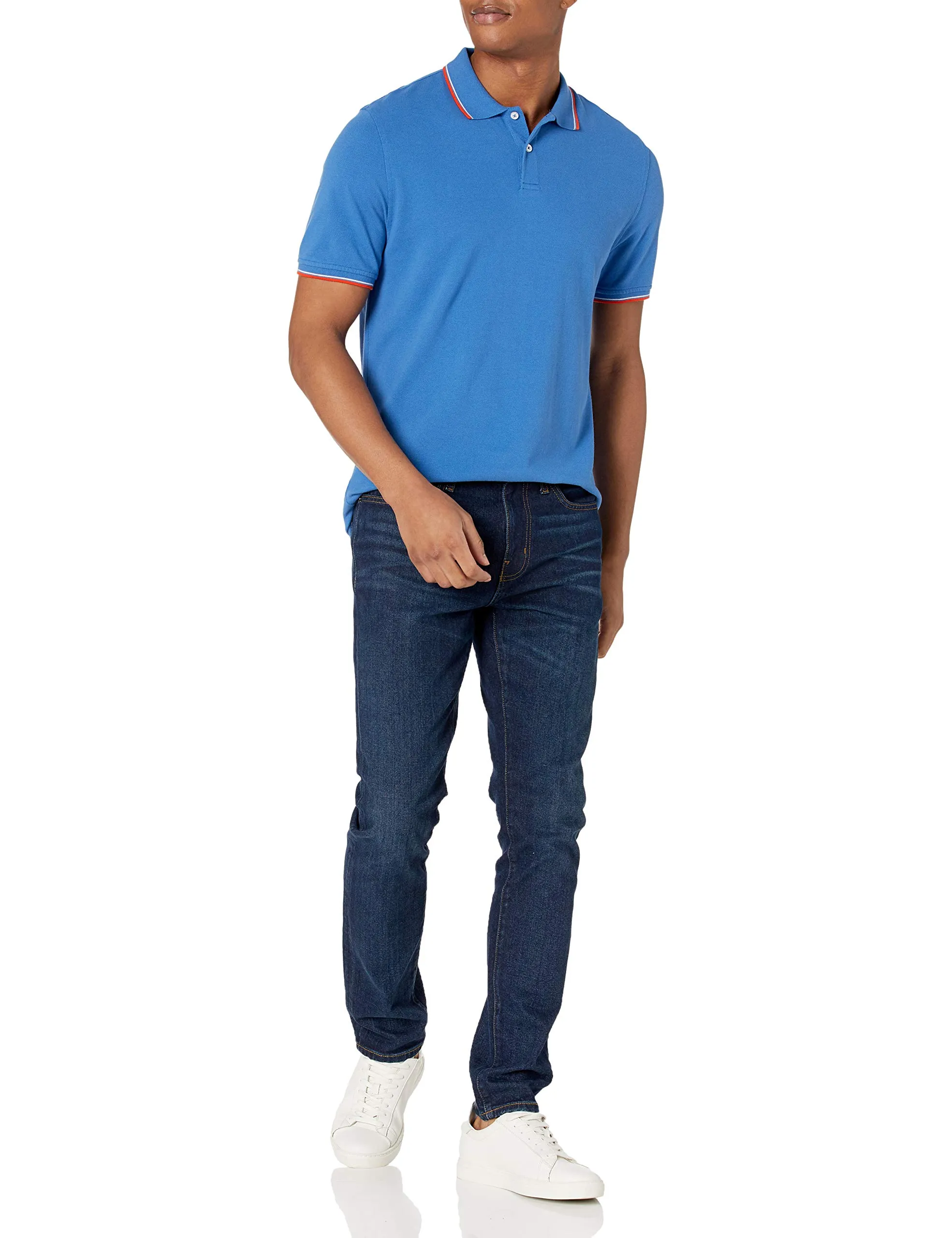 Amazon Essentials Men's Slim-Fit Cotton Piqué Polo, Blu Thin Stripe, S - immagine 6