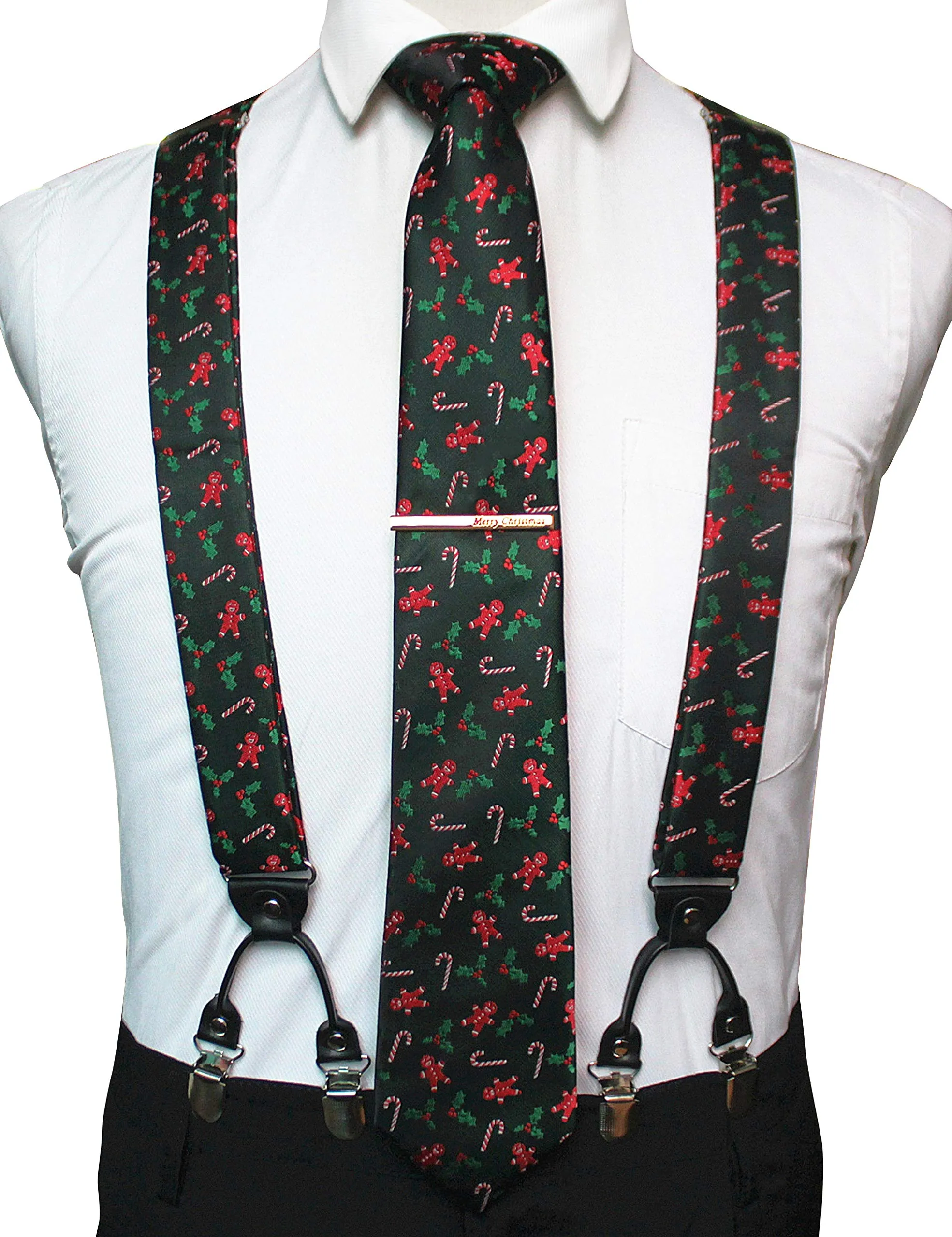 JEMYGINS Tirantes de Navidad para Hombre con Corbata Pajarita y Pañuelo de Bolsillo, Negro-verde - immagine 2