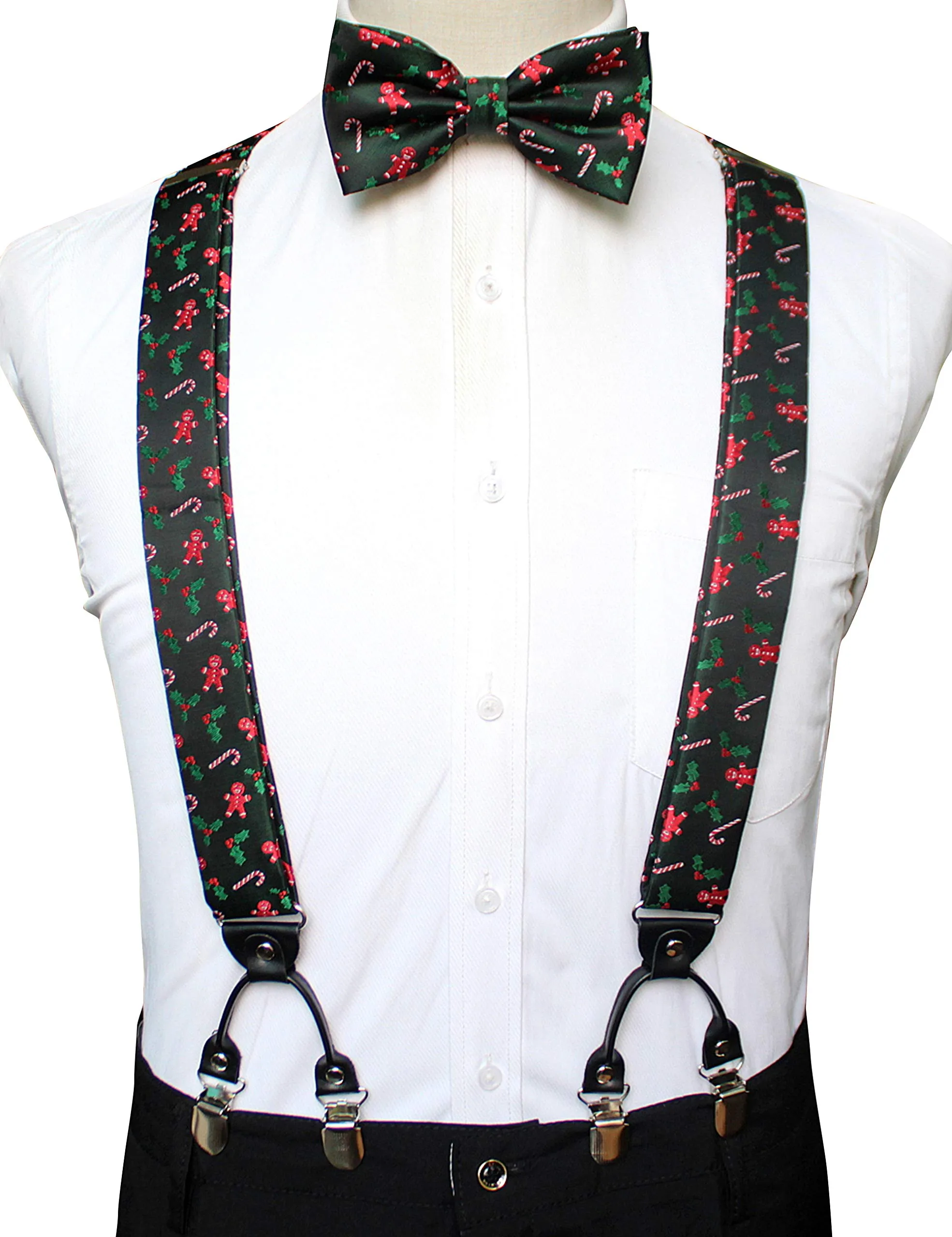 JEMYGINS Tirantes de Navidad para Hombre con Corbata Pajarita y Pañuelo de Bolsillo, Negro-verde - immagine 3