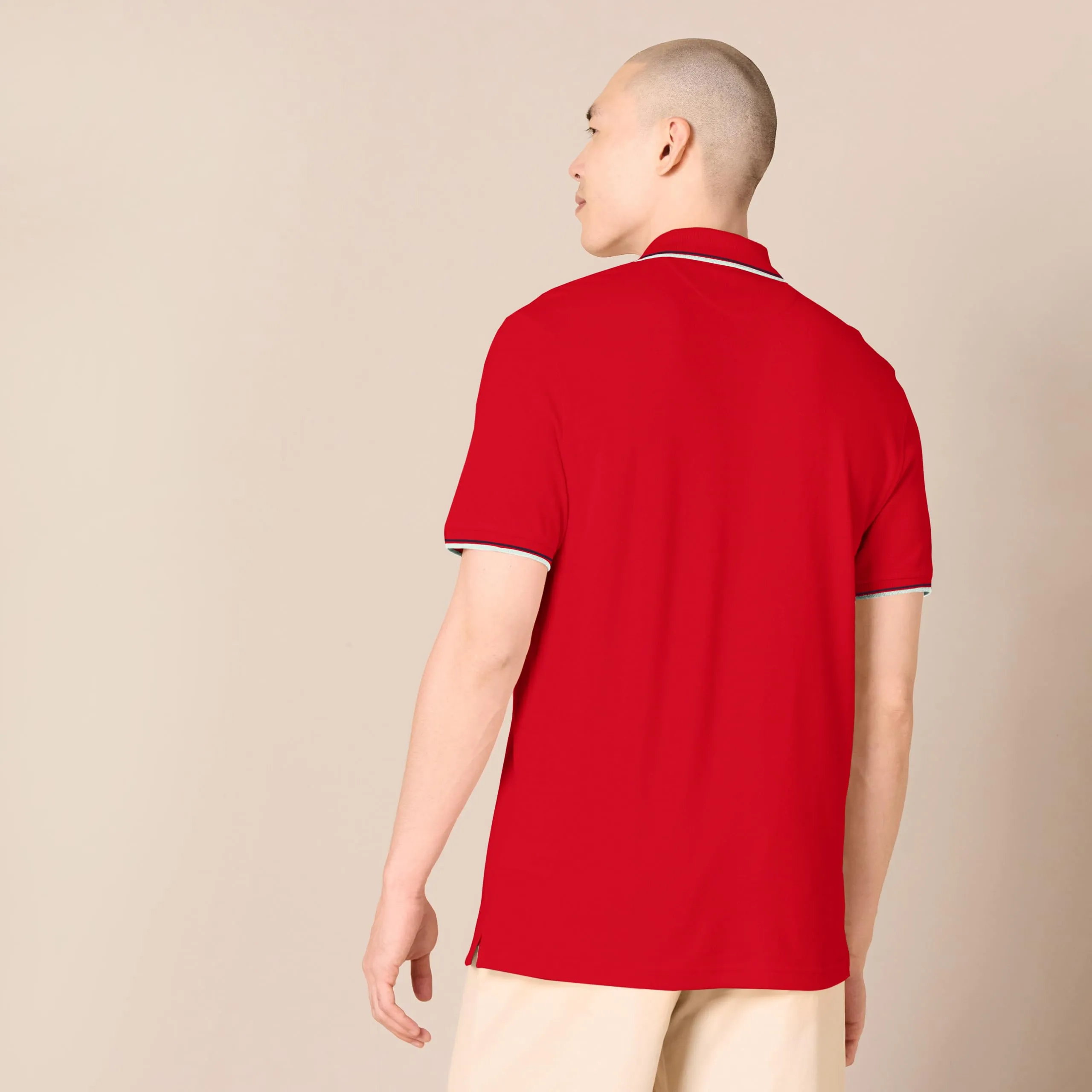 Amazon Essentials Men's Slim Fit Cotton Piqué Polo, Rosso Thin Stripe, L - immagine 2