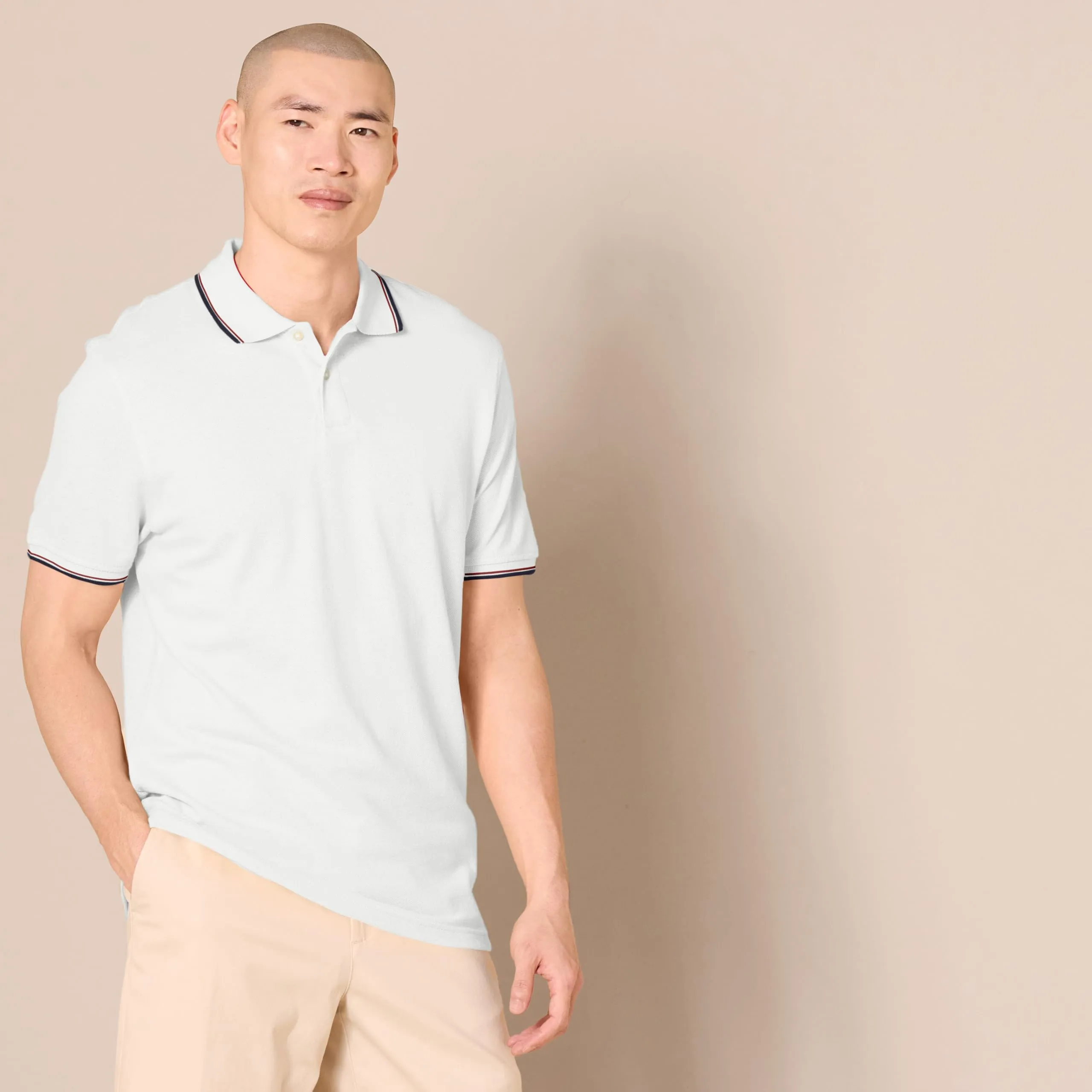 Amazon Essentials Men's Slim-Fit Cotton Piqué Polo, Bianco Thin Stripe, XS - immagine 3