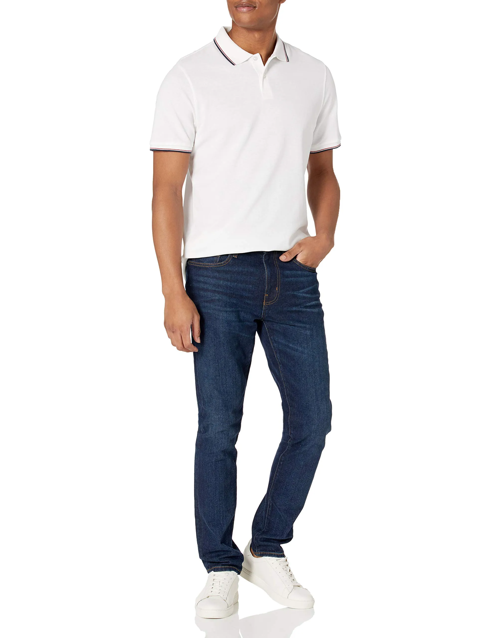 Amazon Essentials Men's Slim-Fit Cotton Piqué Polo, Bianco Thin Stripe, XS - immagine 6