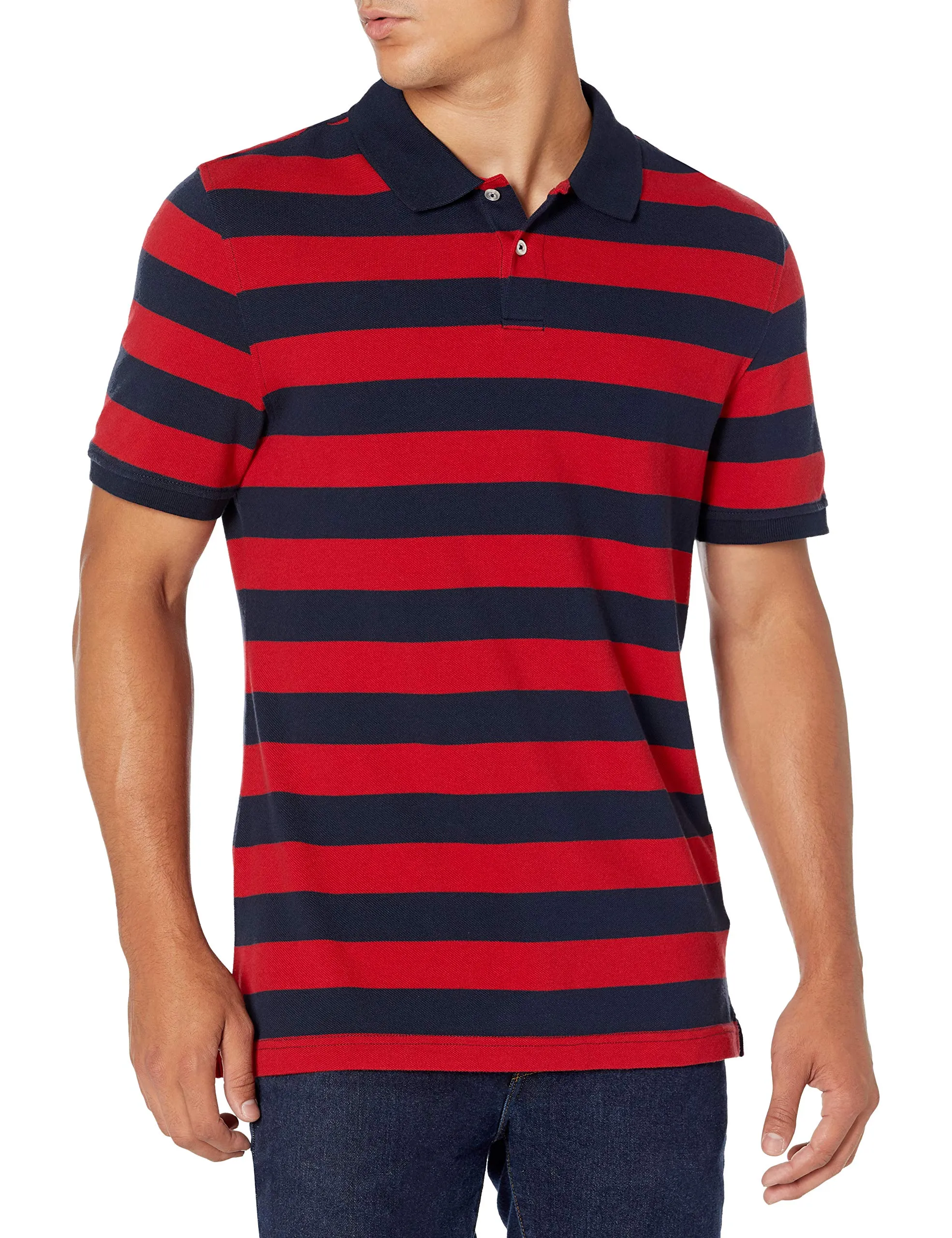 Amazon Essentials Polo in Piqué di Cotone Slim Uomo, Blu Marino Rosso Righe da Rugby, S - immagine 3