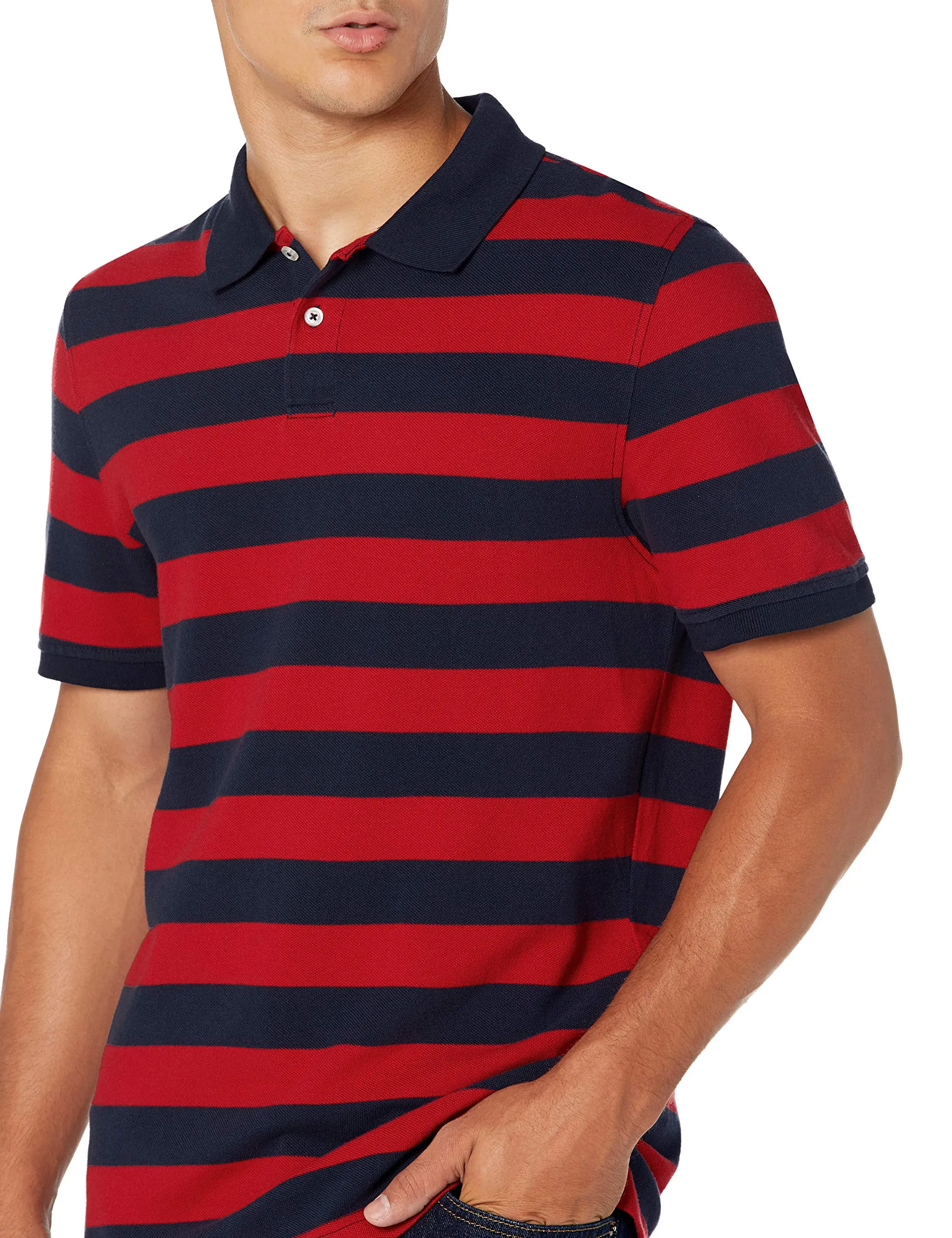Amazon Essentials Polo in Piqué di Cotone Slim Uomo, Blu Marino Rosso Righe da Rugby, S - immagine 5