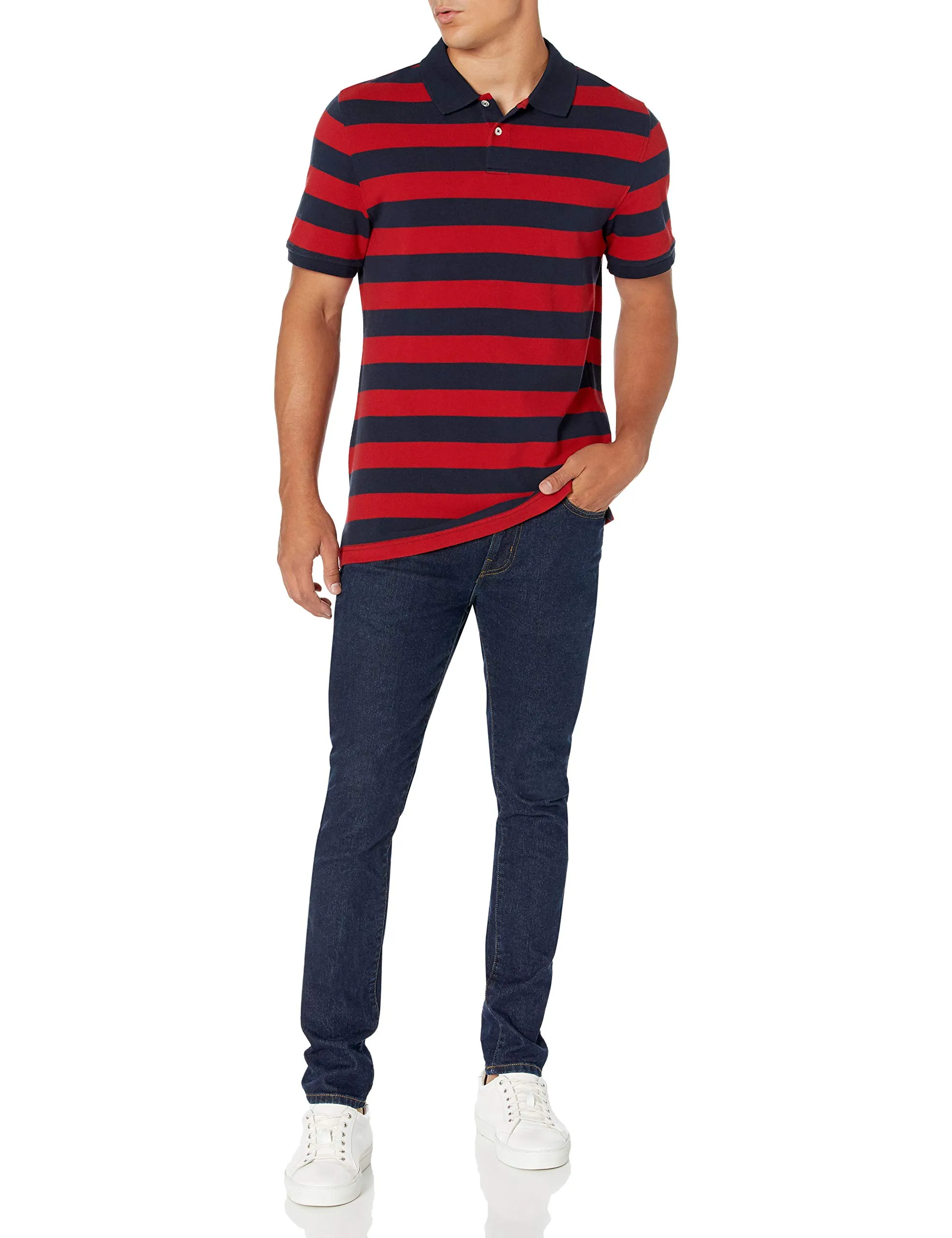 Amazon Essentials Polo in Piqué di Cotone Slim Uomo, Blu Marino Rosso Righe da Rugby, S - immagine 6